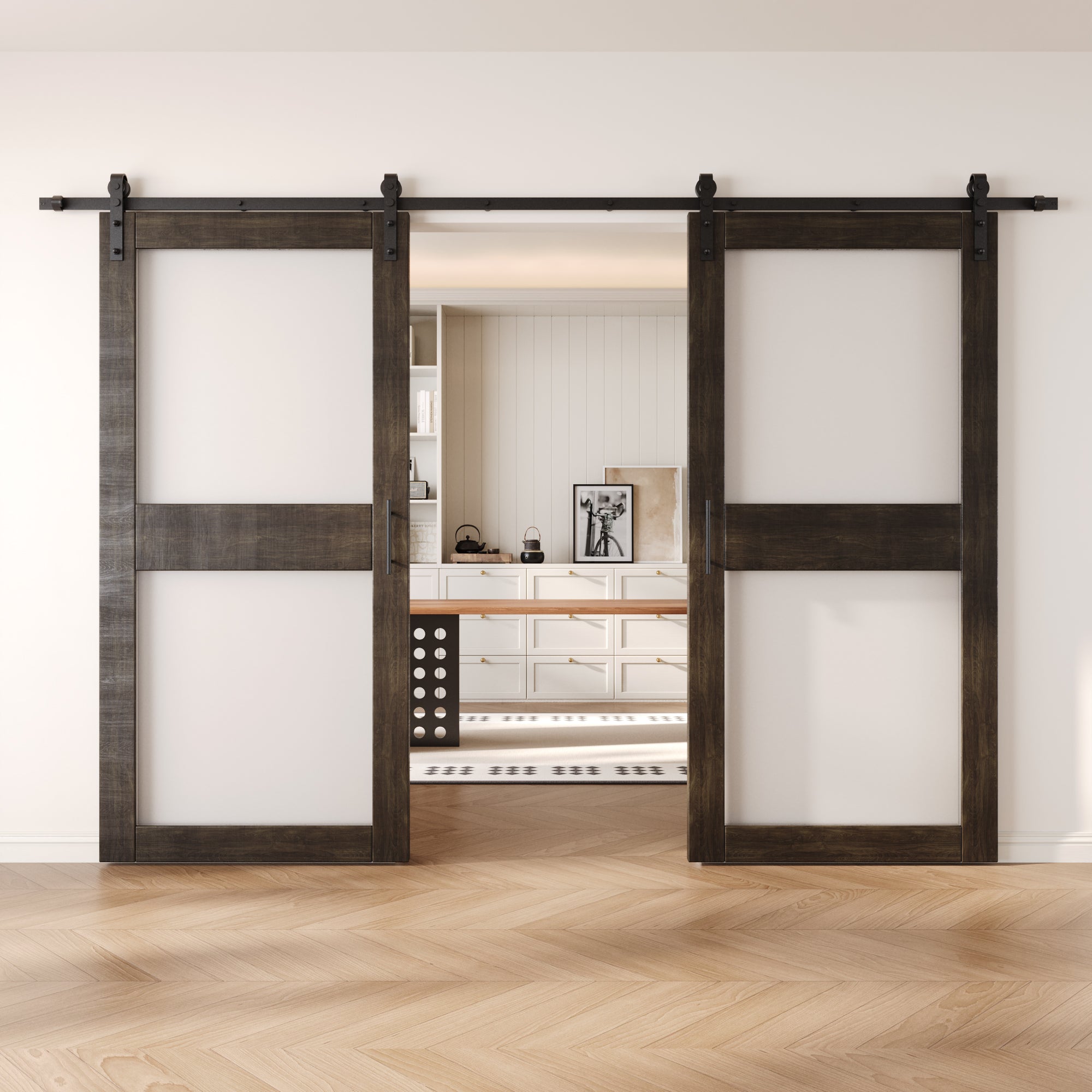84" Height Ebony 2-Lite Frosted Glass Double Unassembled & Finished Pine Wood Barn Doors with Non-Bypass Installation Hardware Kit (Interior Use Only)