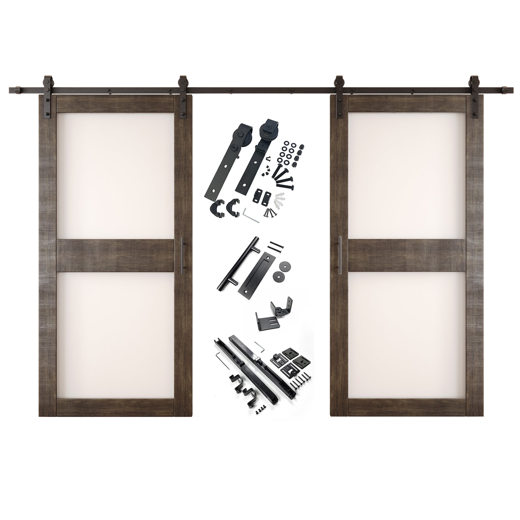 84" Height Ebony 2-Lite Frosted Glass Double Unassembled & Finished Pine Wood Barn Doors with Non-Bypass Installation Hardware Kit (Interior Use Only)