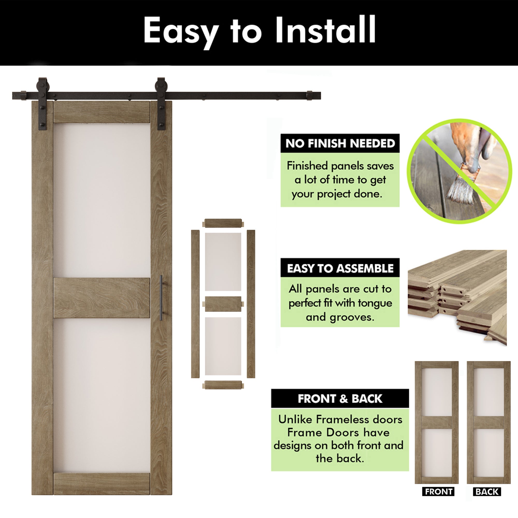 84" Height Classic Gray 2-Lite Frosted Glass Double Unassembled & Finished Pine Wood Barn Doors with Non-Bypass Installation Hardware Kit (Interior Use Only)