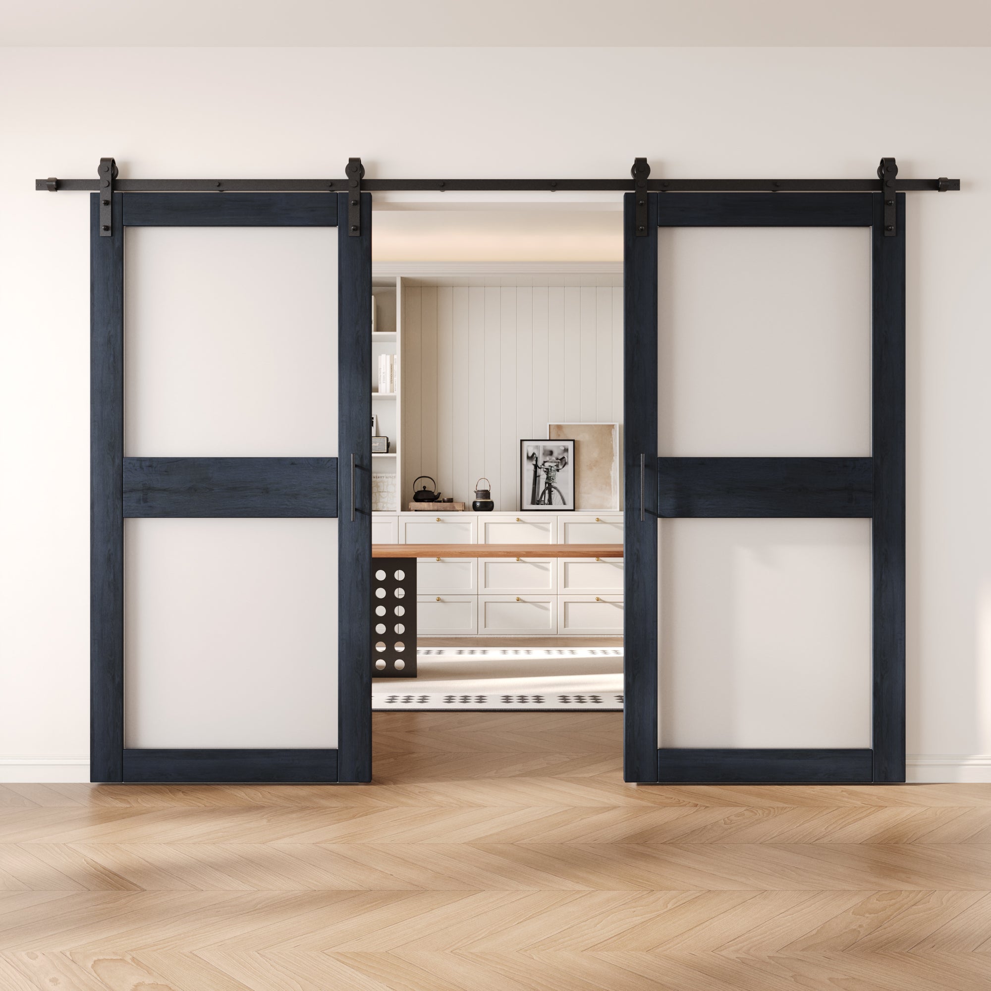 84" Height Navy 2-Lite Frosted Glass Double Unassembled & Finished Pine Wood Barn Doors with Non-Bypass Installation Hardware Kit (Interior Use Only)