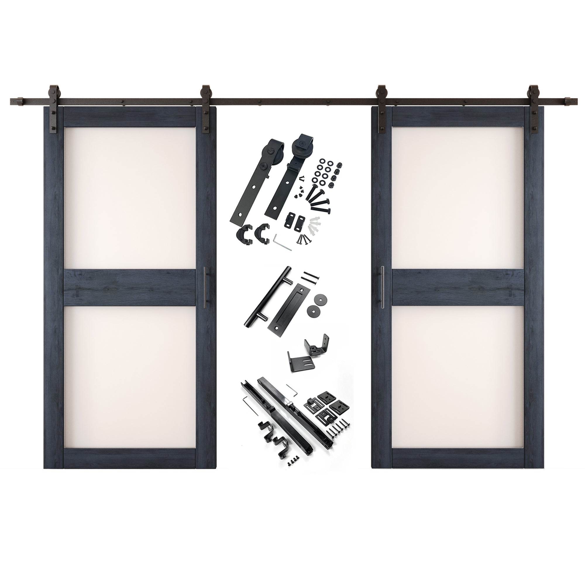84" Height Navy 2-Lite Frosted Glass Double Unassembled & Finished Pine Wood Barn Doors with Non-Bypass Installation Hardware Kit (Interior Use Only)