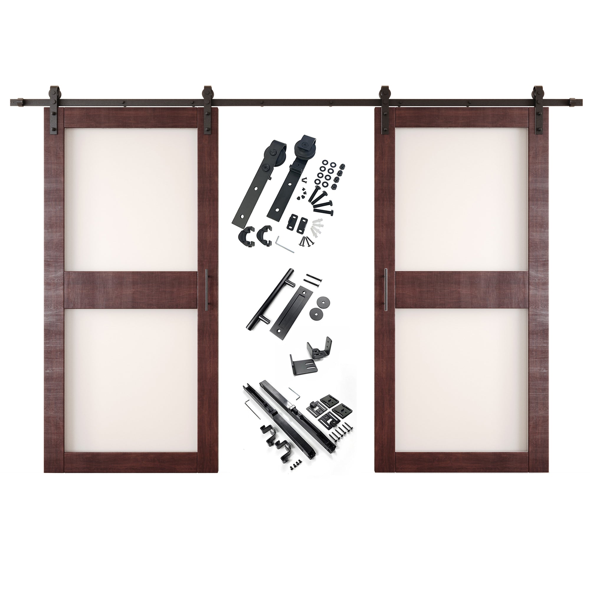 84" Height Red Mahogany 2-Lite Frosted Glass Double Unassembled & Finished Pine Wood Barn Doors with Non-Bypass Installation Hardware Kit (Interior Use Only)