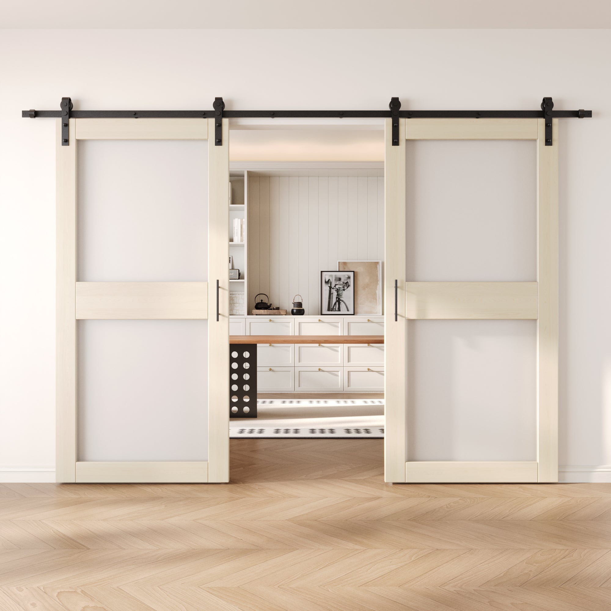 84" Height Tinsmith Gray 2-Lite Frosted Glass Double Unassembled & Finished Pine Wood Barn Doors with Non-Bypass Installation Hardware Kit (Interior Use Only)