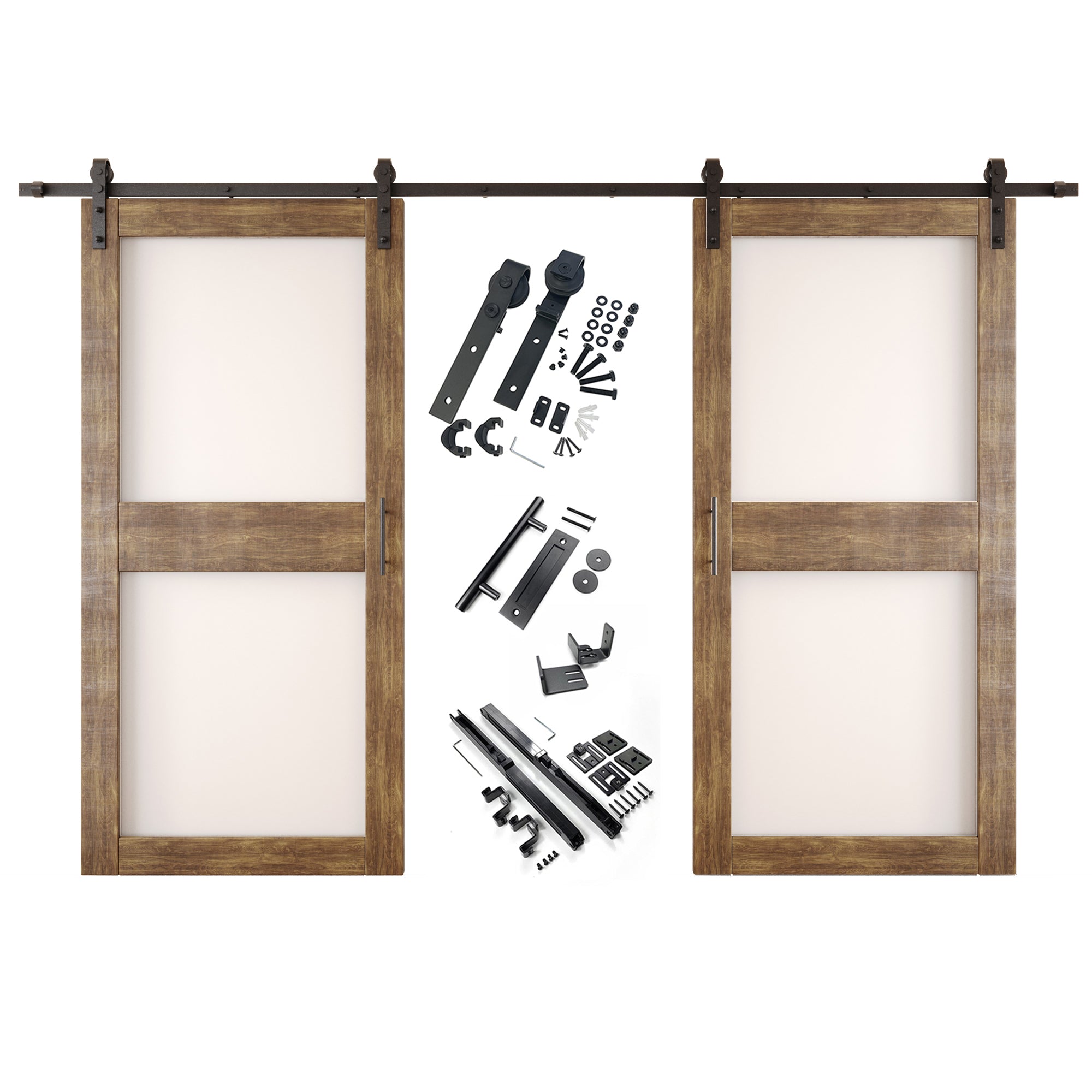 84" Height Dark Walnut 2-Lite Frosted Glass Double Unassembled & Finished Pine Wood Barn Doors with Non-Bypass Installation Hardware Kit (Interior Use Only)