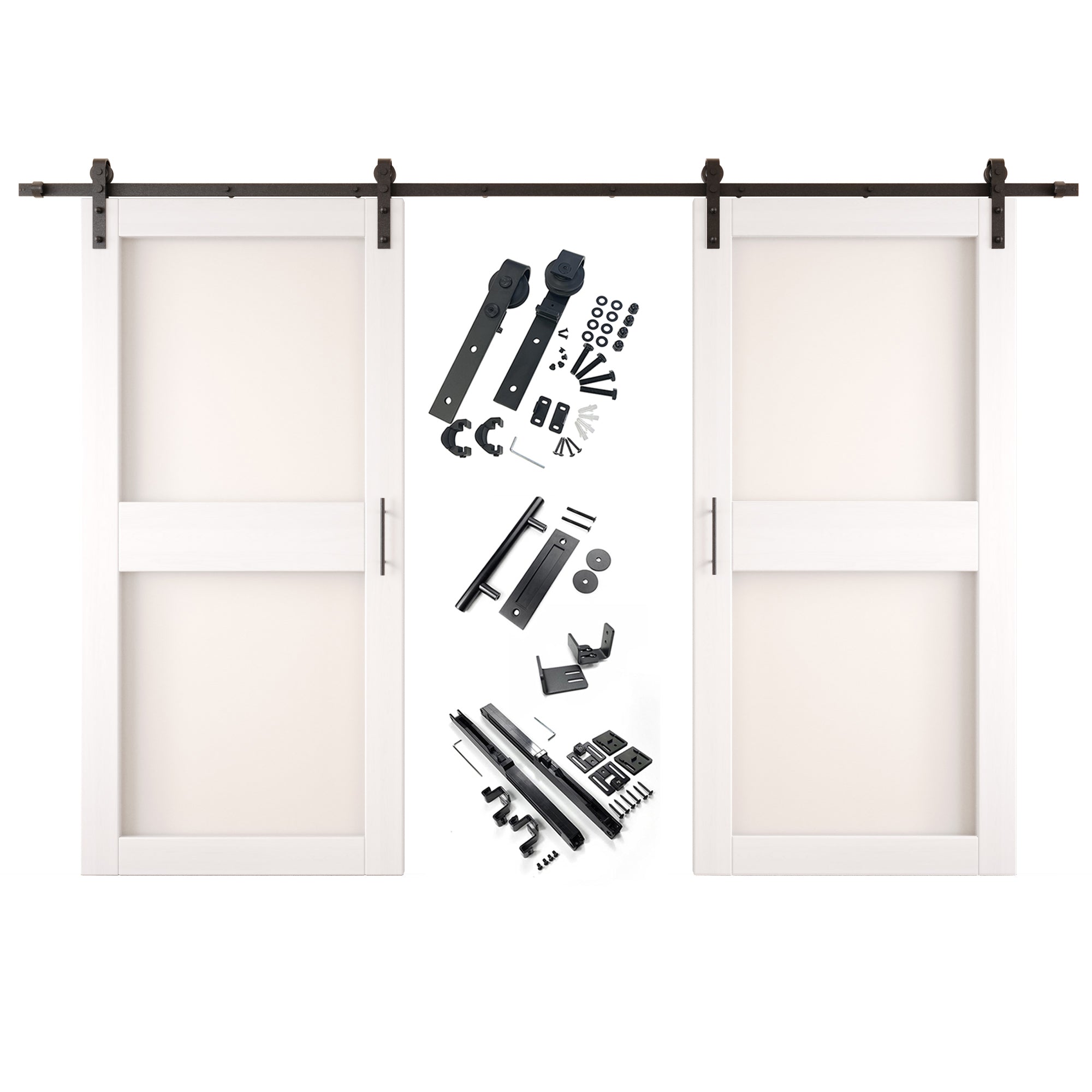 84" Height White 2-Lite Frosted Glass Double Unassembled & Finished Pine Wood Barn Doors with Non-Bypass Installation Hardware Kit (Interior Use Only)