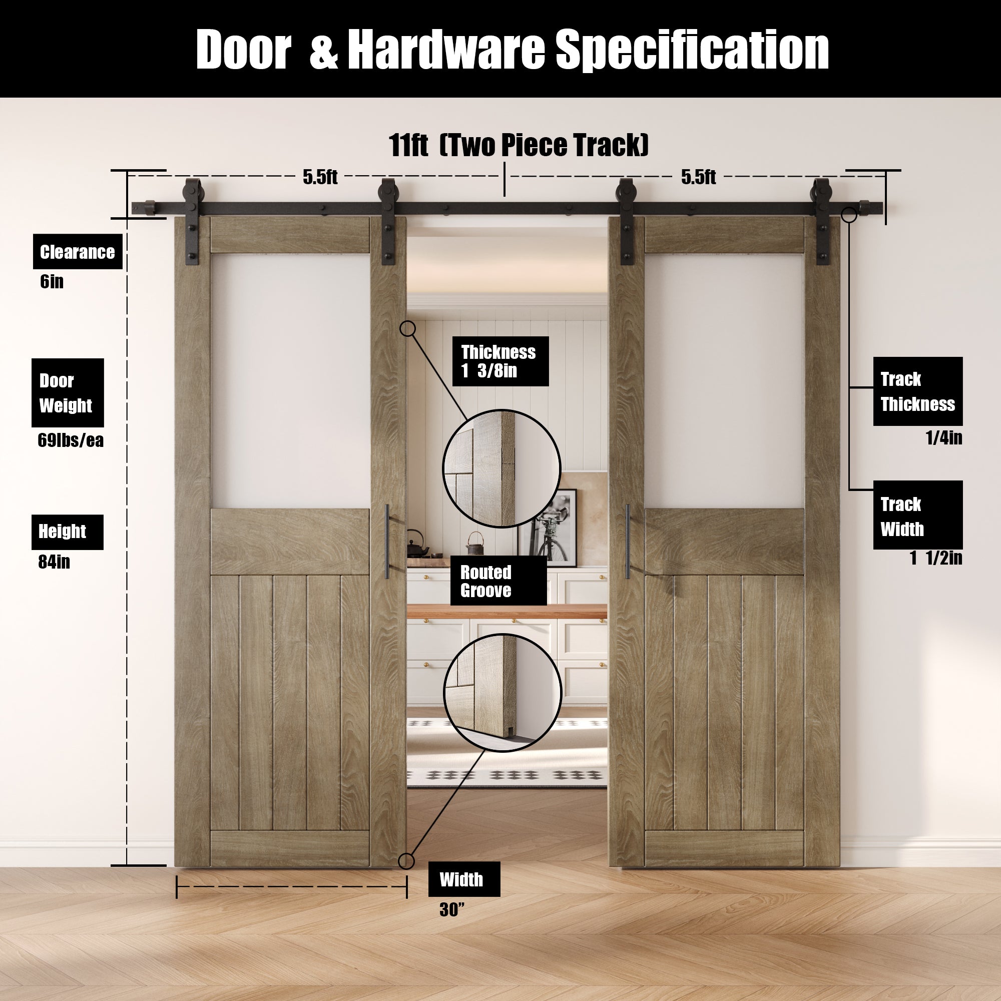84" Height Classic Gray Half Lite Frosted Glass Double Unassembled & Finished Pine Wood Barn Door with Non-Bypass Installation Hardware Kit (Interior Use Only)