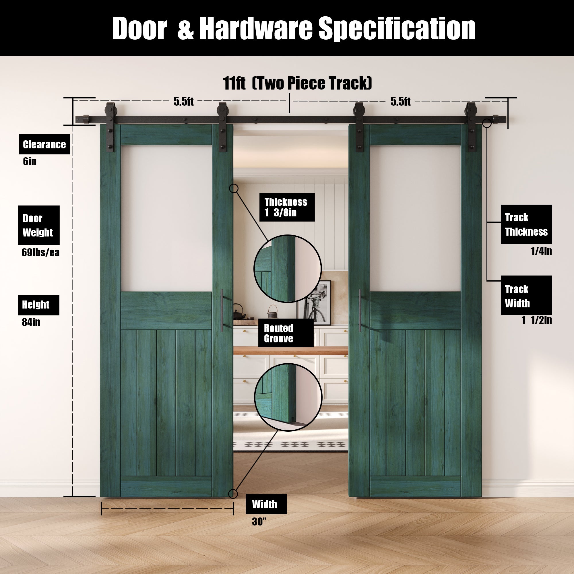 84" Height Royal Pine Half Lite Frosted Glass Double Unassembled & Finished Pine Wood Barn Door with Non-Bypass Installation Hardware Kit (Interior Use Only)