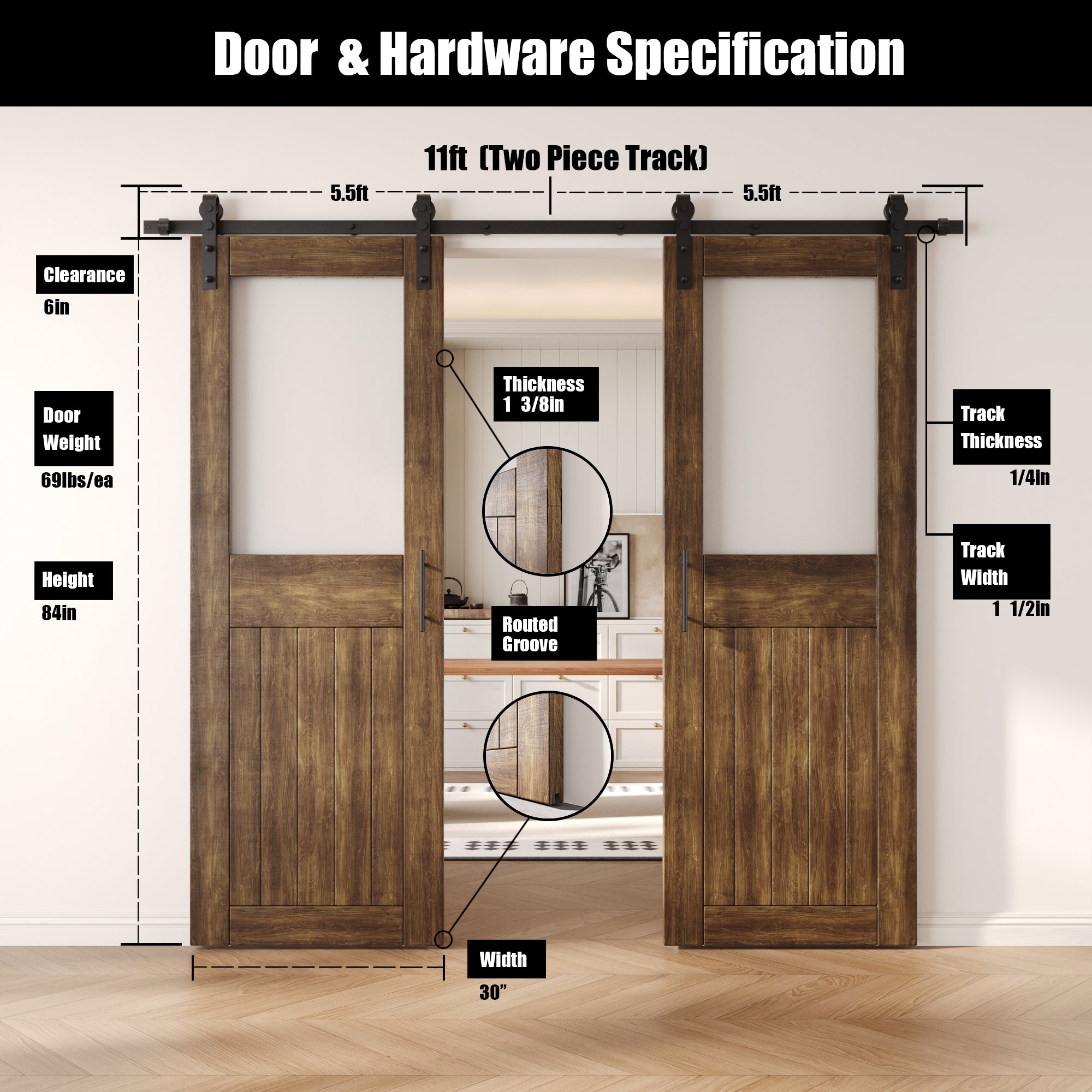 84" Height Dark Walnut Half Lite Frosted Glass Double Unassembled & Finished Pine Wood Barn Door with Non-Bypass Installation Hardware Kit (Interior Use Only)