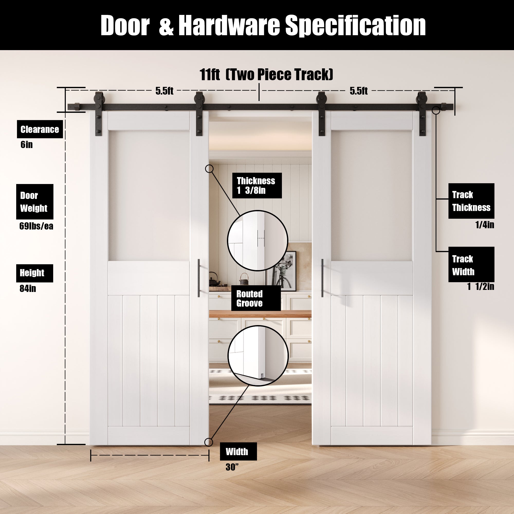 84" Height White Half Lite Frosted Glass Double Unassembled & Finished Pine Wood Barn Door with Non-Bypass Installation Hardware Kit (Interior Use Only)