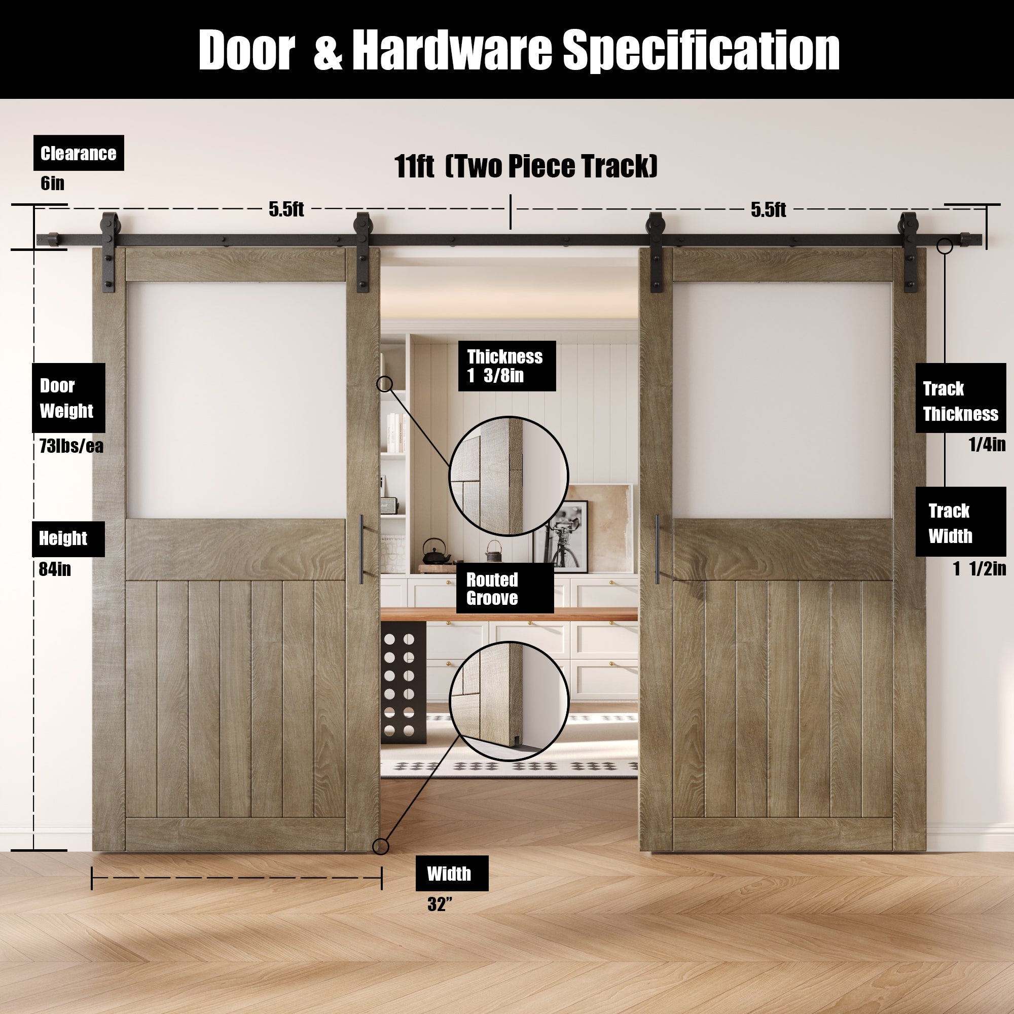 84" Height Classic Gray Half Lite Frosted Glass Double Unassembled & Finished Pine Wood Barn Door with Non-Bypass Installation Hardware Kit (Interior Use Only)