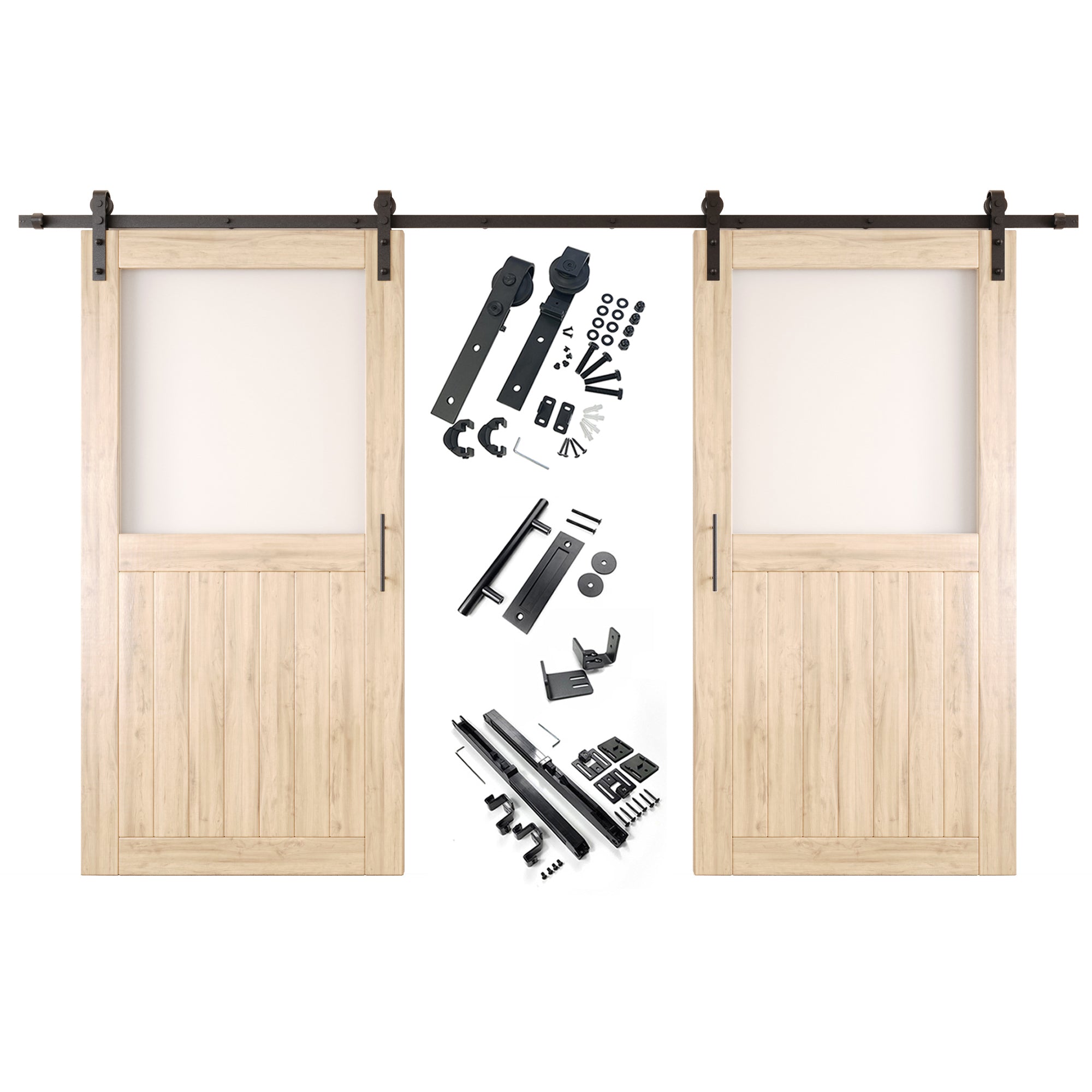 80" Height Half Lite Frosted Glass Double Unassembled & Unfinished Pine Wood Barn Door with Non-Bypass Installation Hardware Kit (Interior Use Only)