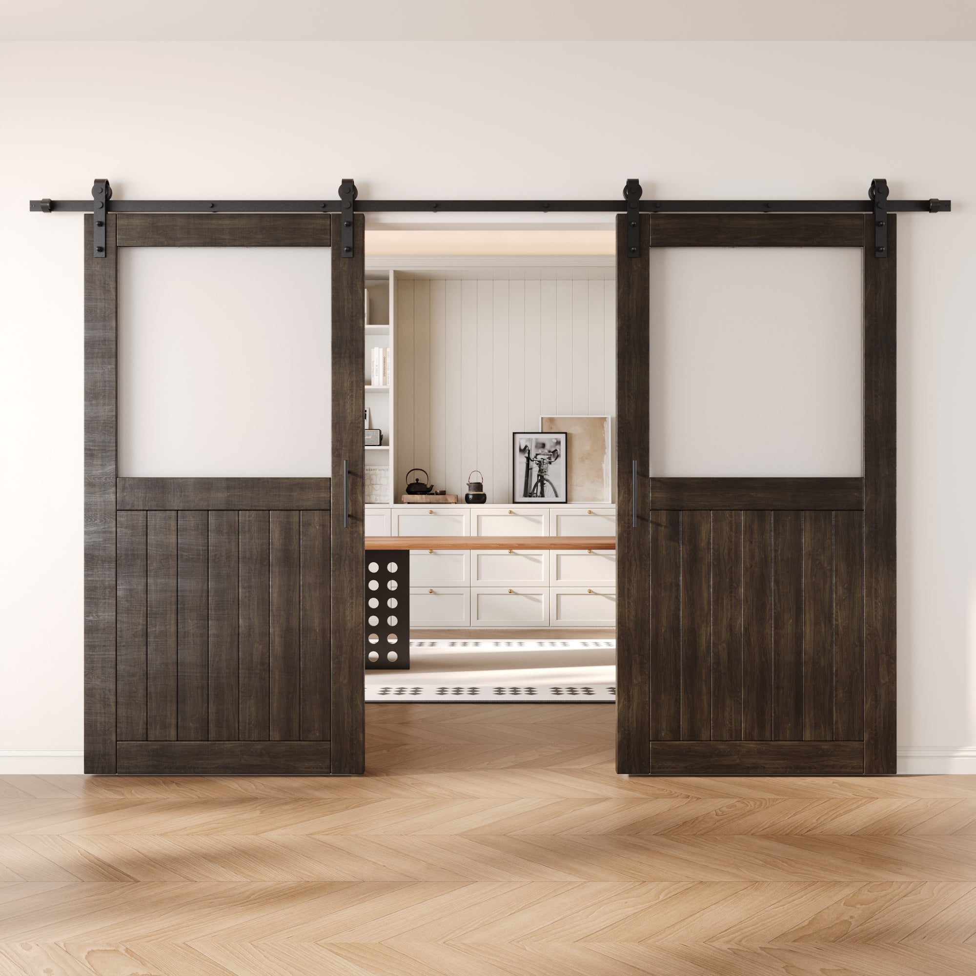 80" Height Ebony Half Lite Frosted Glass Double Unassembled & Finished Pine Wood Barn Door with Non-Bypass Installation Hardware Kit (Interior Use Only)