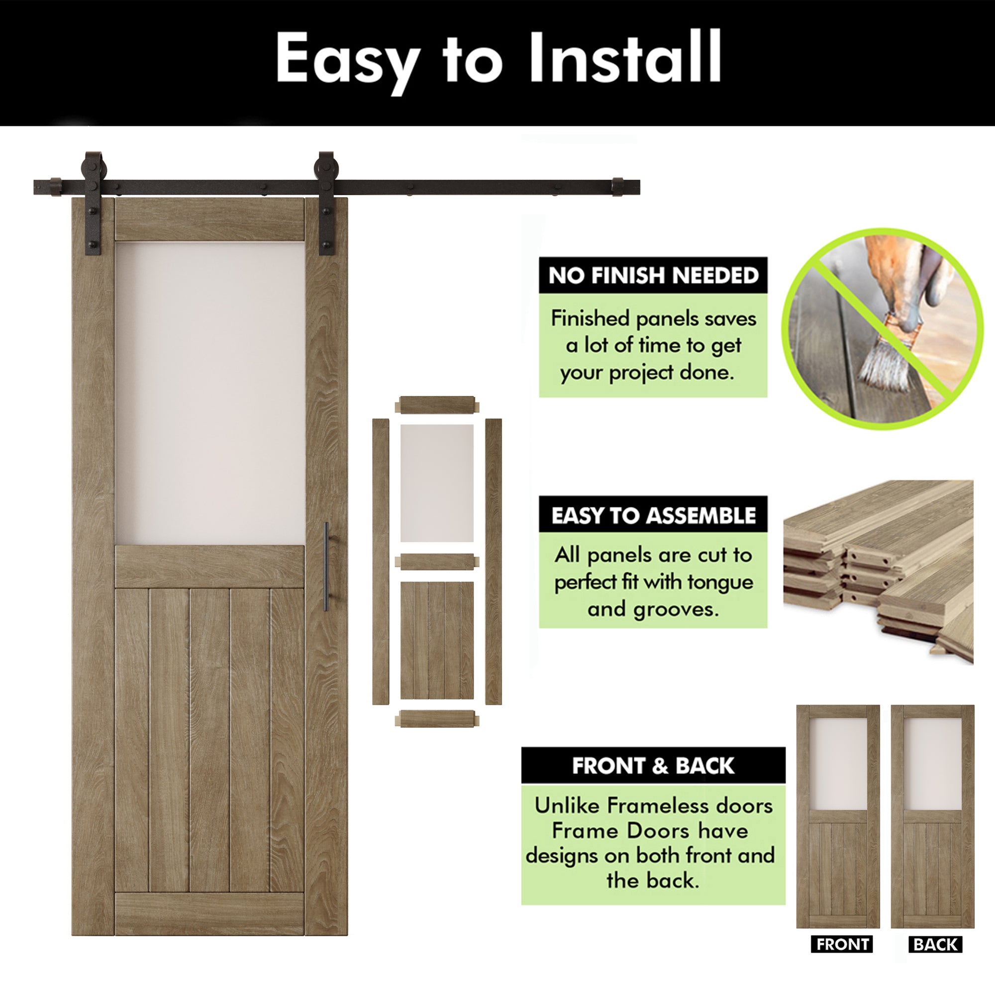 80" Height Classic Gray Half Lite Frosted Glass Double Unassembled & Finished Pine Wood Barn Door with Non-Bypass Installation Hardware Kit (Interior Use Only)