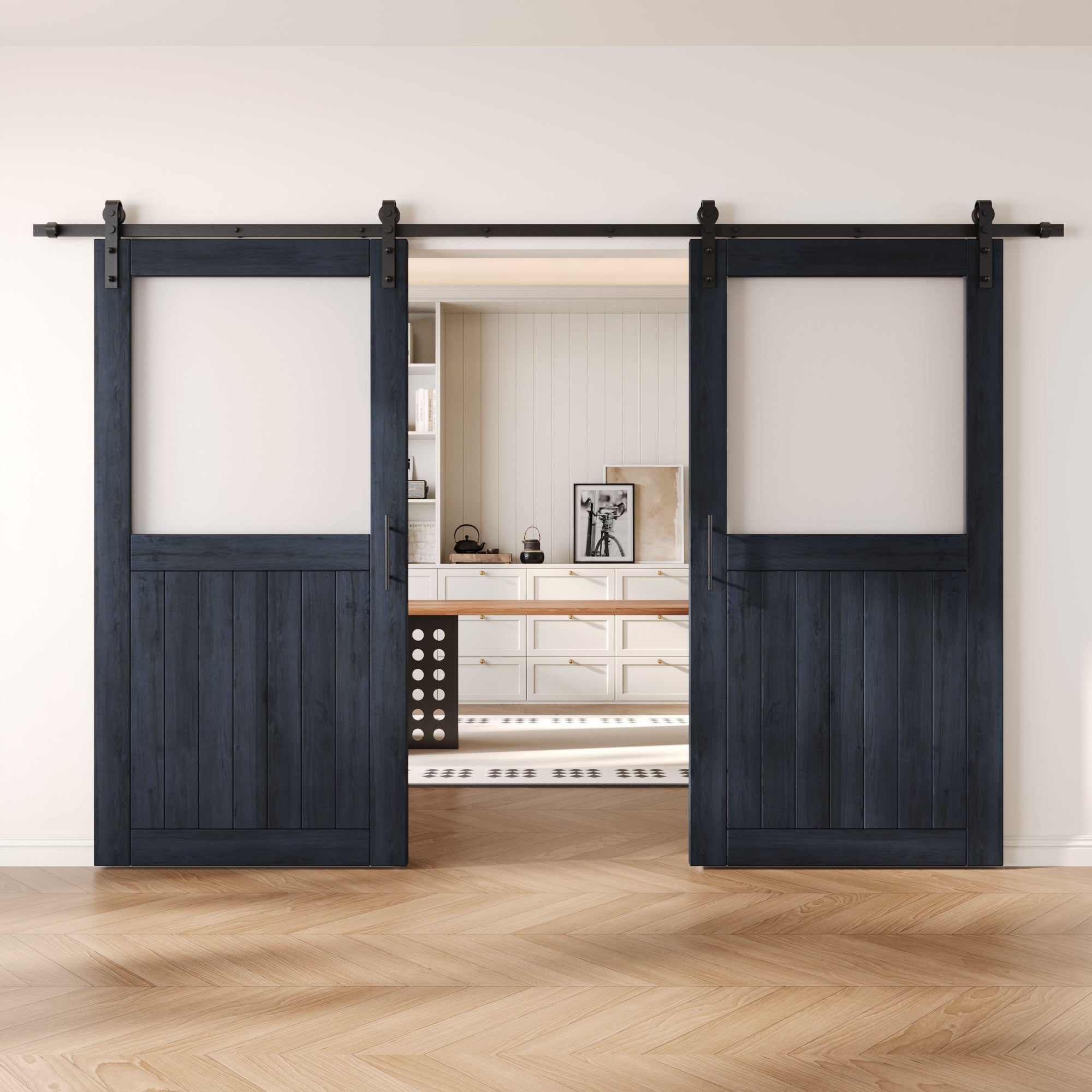 80" Height Navy Half Lite Frosted Glass Double Unassembled & Finished Pine Wood Barn Door with Non-Bypass Installation Hardware Kit (Interior Use Only)