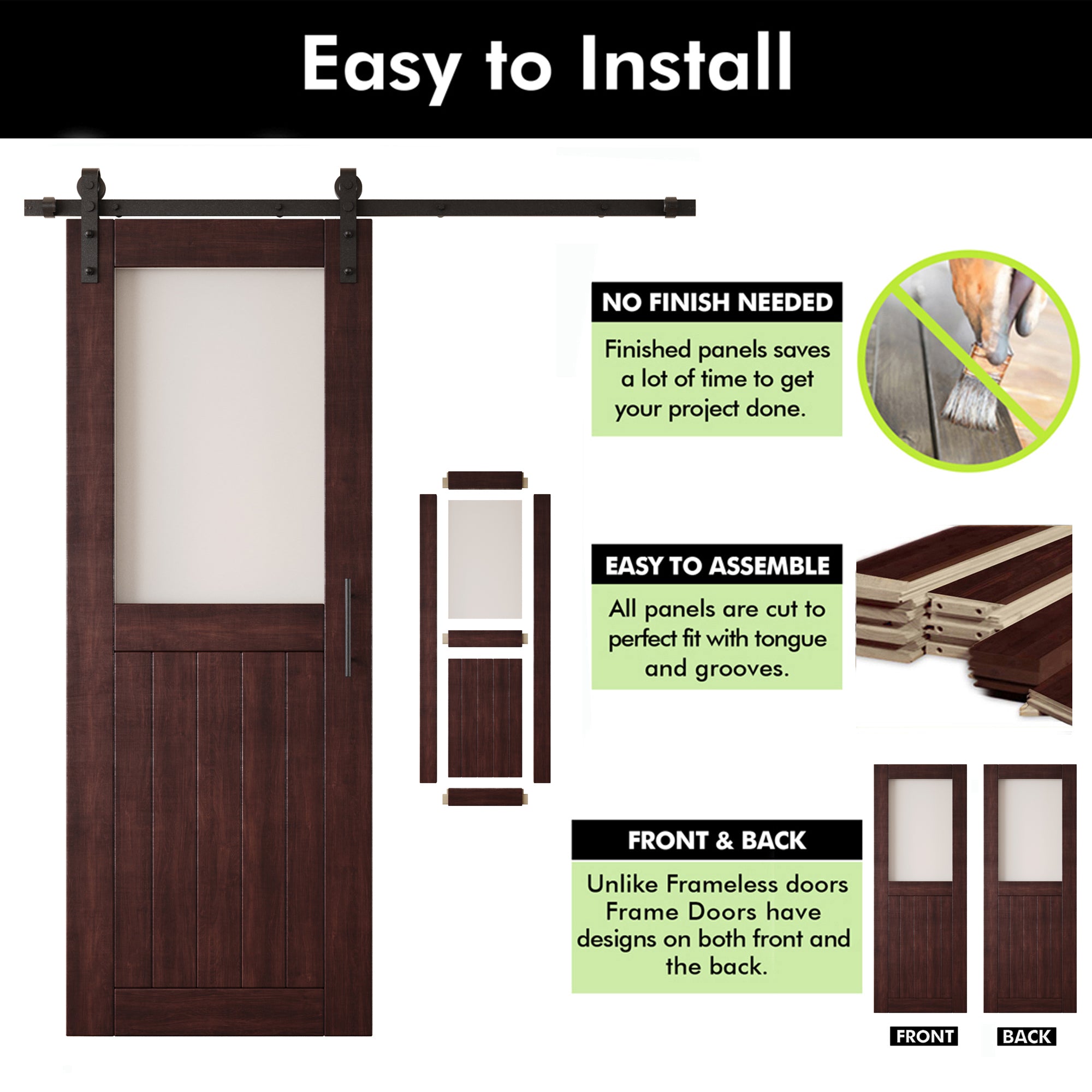 80" Height Red Mahogany Half Lite Frosted Glass Double Unassembled & Finished Pine Wood Barn Door with Non-Bypass Installation Hardware Kit (Interior Use Only)