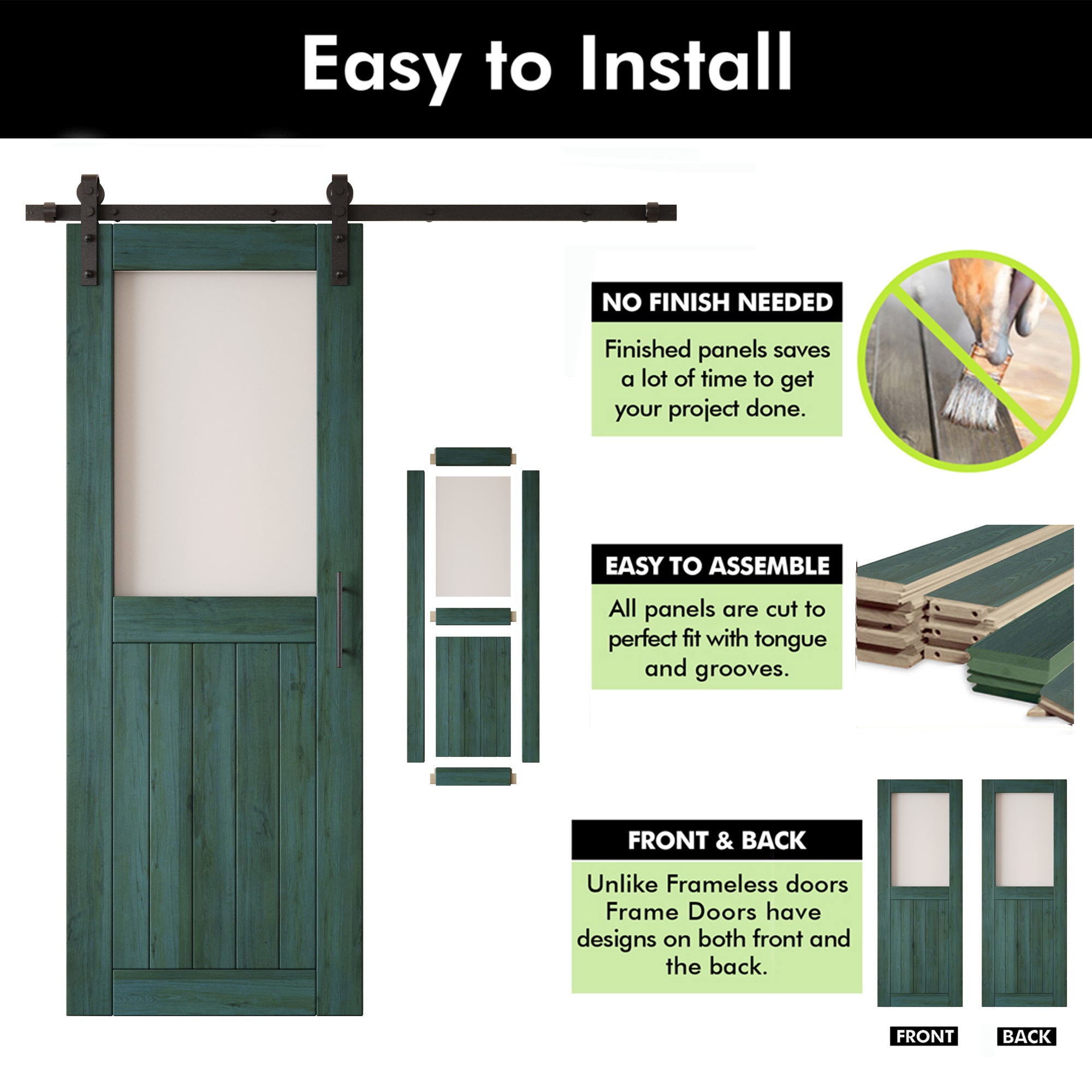 80" Height Royal Pine Half Lite Frosted Glass Double Unassembled & Finished Pine Wood Barn Door with Non-Bypass Installation Hardware Kit (Interior Use Only)