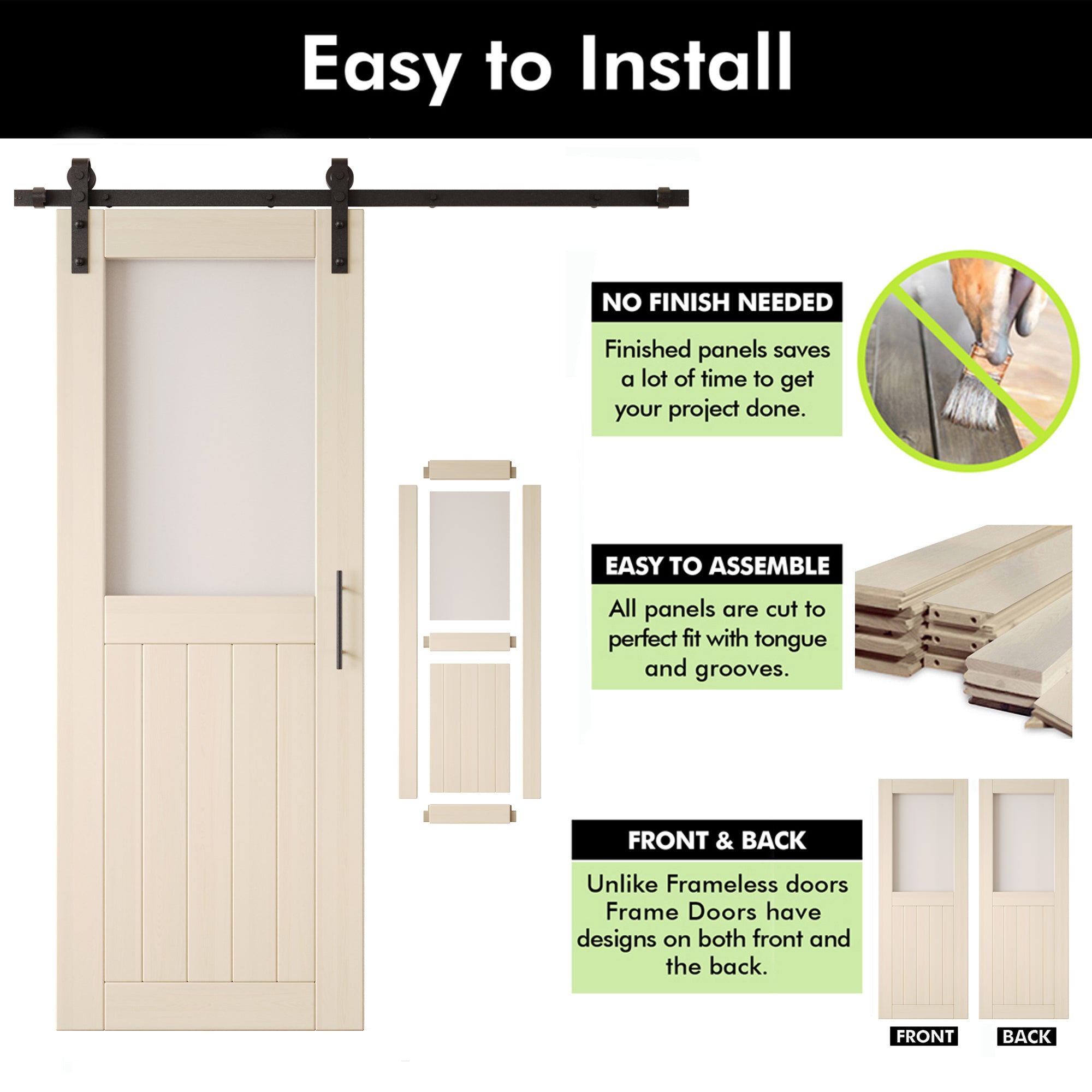 80" Height Tinsmith Gray Half Lite Frosted Glass Double Unassembled & Finished Pine Wood Barn Door with Non-Bypass Installation Hardware Kit (Interior Use Only)
