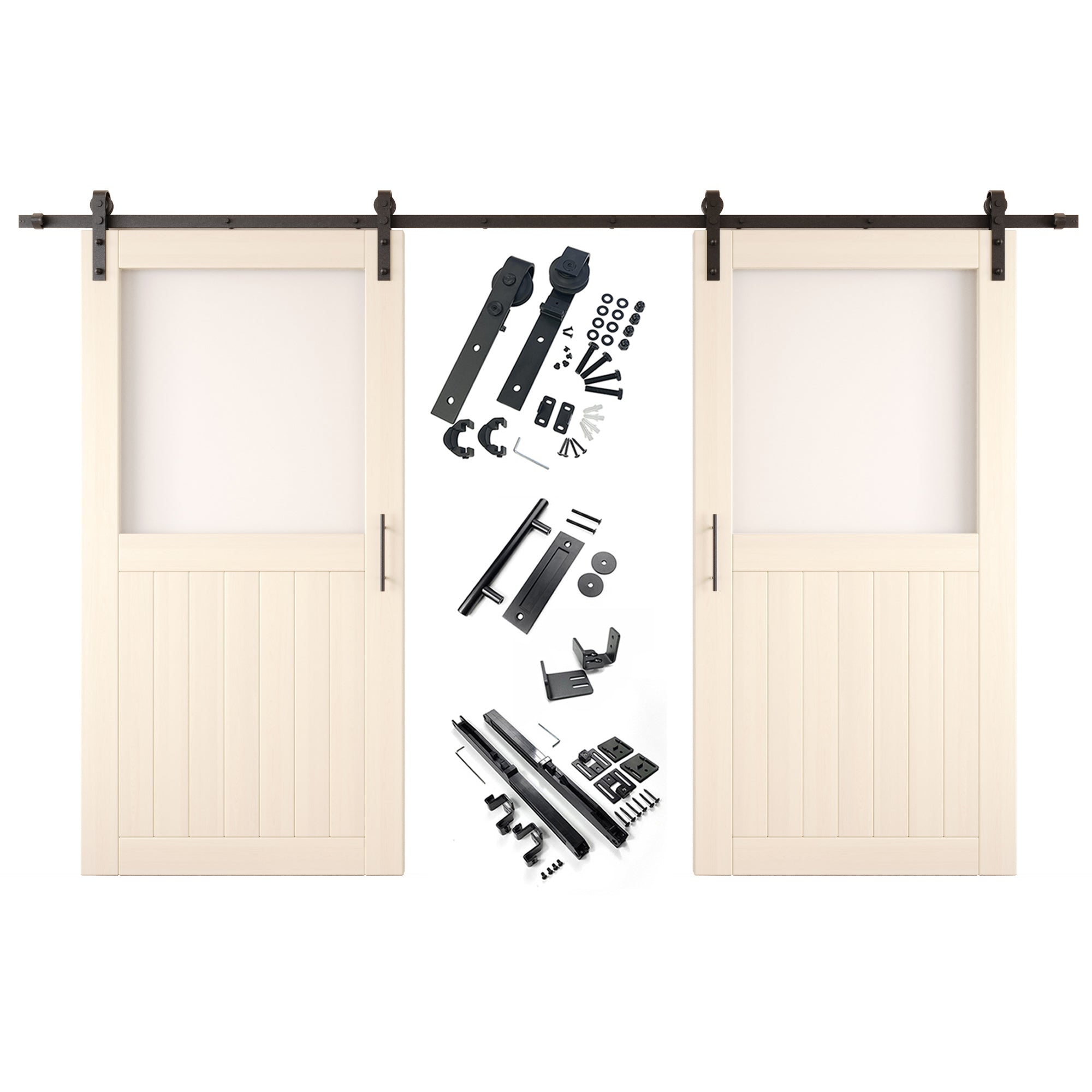 80" Height Tinsmith Gray Half Lite Frosted Glass Double Unassembled & Finished Pine Wood Barn Door with Non-Bypass Installation Hardware Kit (Interior Use Only)