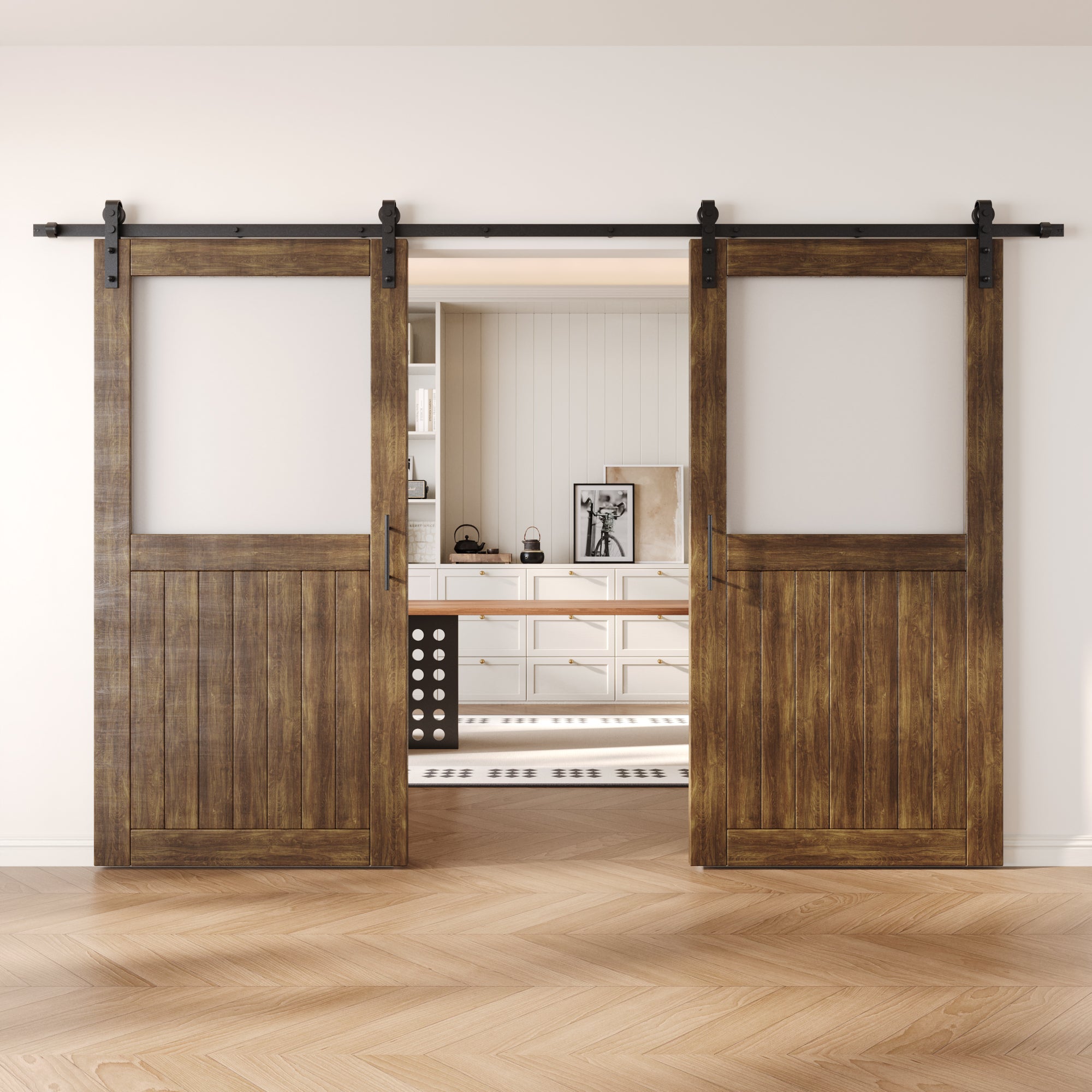 80" Height Dark Walnut Half Lite Frosted Glass Double Unassembled & Finished Pine Wood Barn Door with Non-Bypass Installation Hardware Kit (Interior Use Only)
