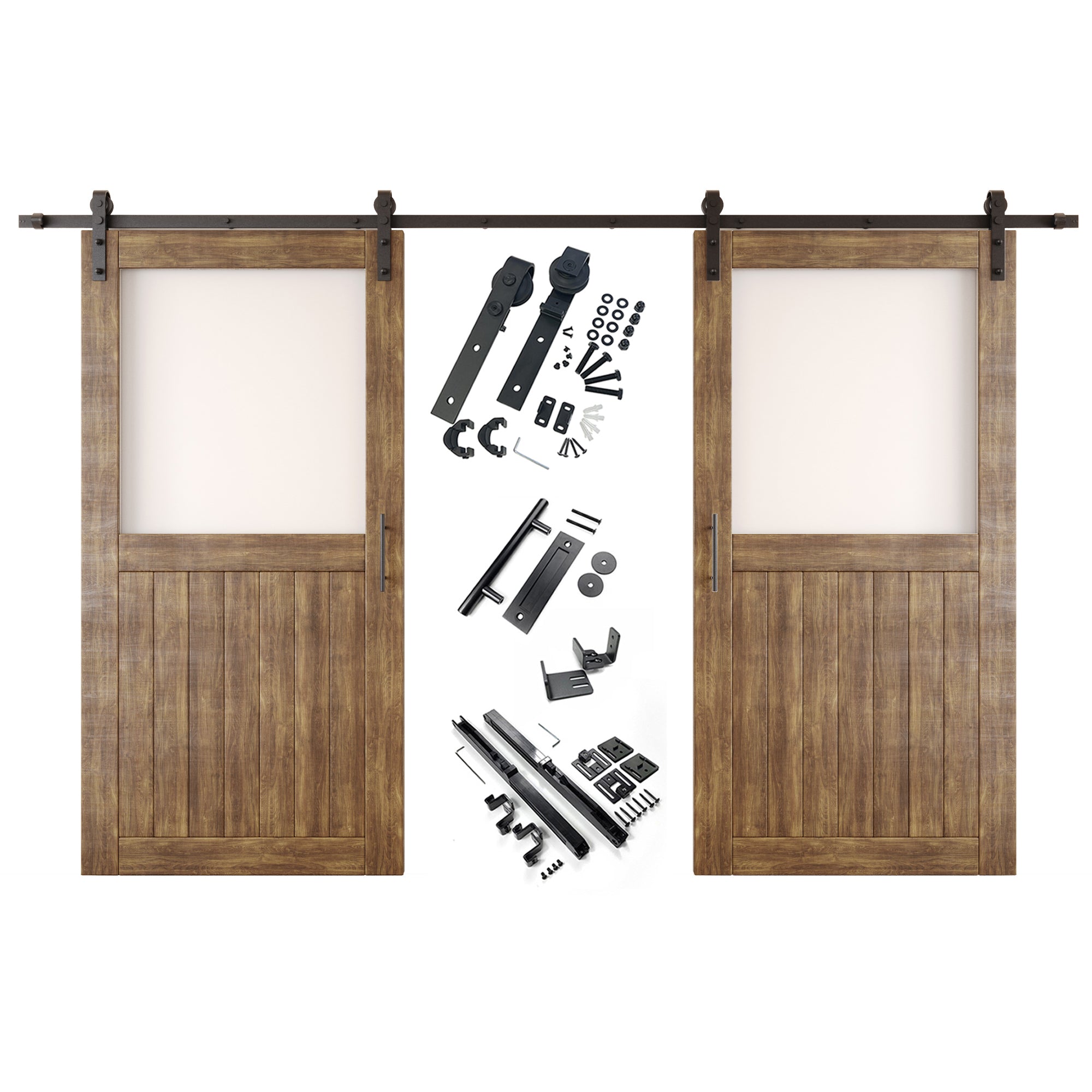 80" Height Dark Walnut Half Lite Frosted Glass Double Unassembled & Finished Pine Wood Barn Door with Non-Bypass Installation Hardware Kit (Interior Use Only)