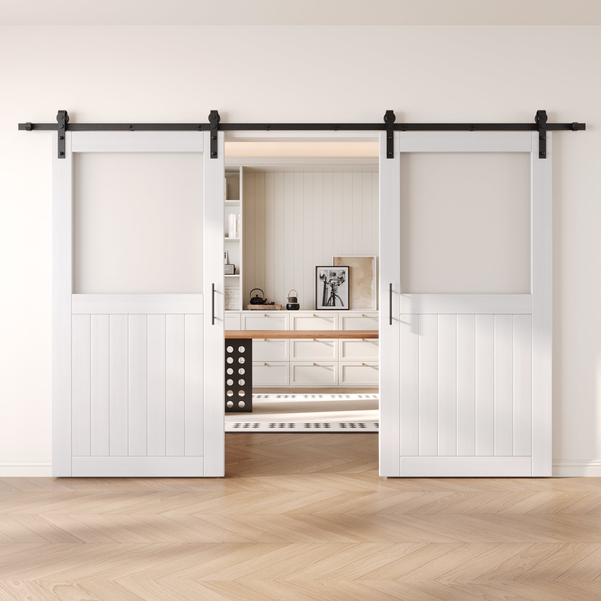 80" Height White Half Lite Frosted Glass Double Unassembled & Finished Pine Wood Barn Door with Non-Bypass Installation Hardware Kit (Interior Use Only)