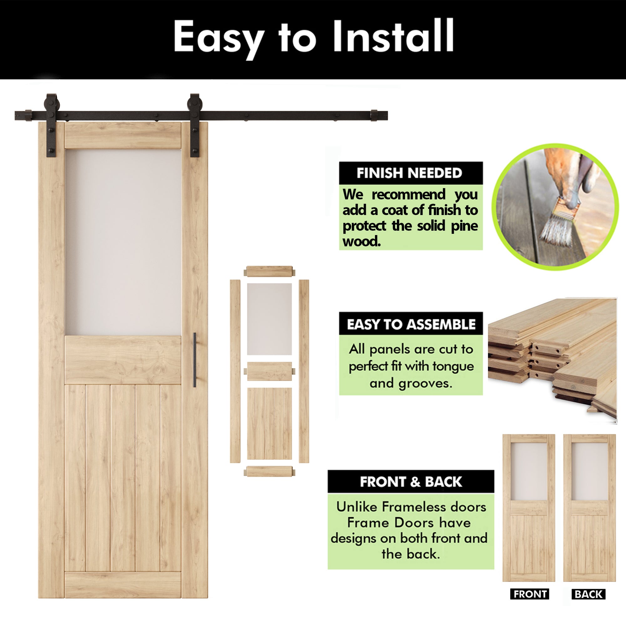 84" Height Half Lite Frosted Glass Double Unassembled & Unfinished Pine Wood Barn Door with Non-Bypass Installation Hardware Kit (Interior Use Only)