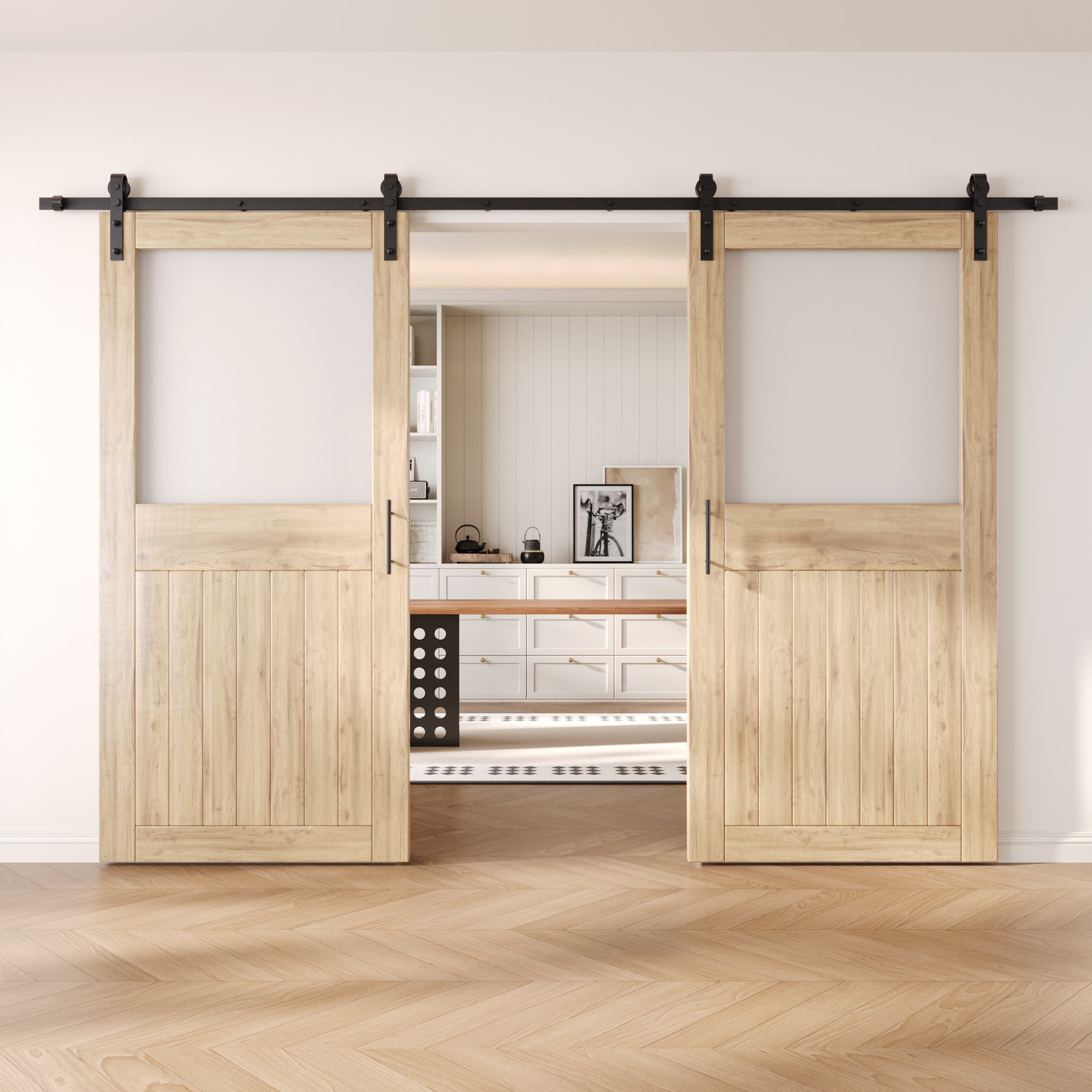 84" Height Half Lite Frosted Glass Double Unassembled & Unfinished Pine Wood Barn Door with Non-Bypass Installation Hardware Kit (Interior Use Only)