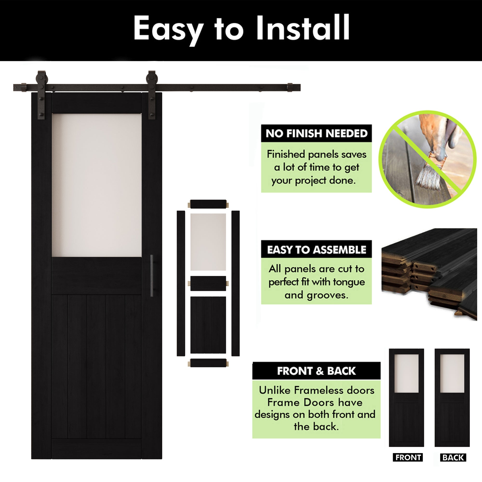 84" Height Black Half Lite Frosted Glass Double Unassembled & Finished Pine Wood Barn Door with Non-Bypass Installation Hardware Kit (Interior Use Only)