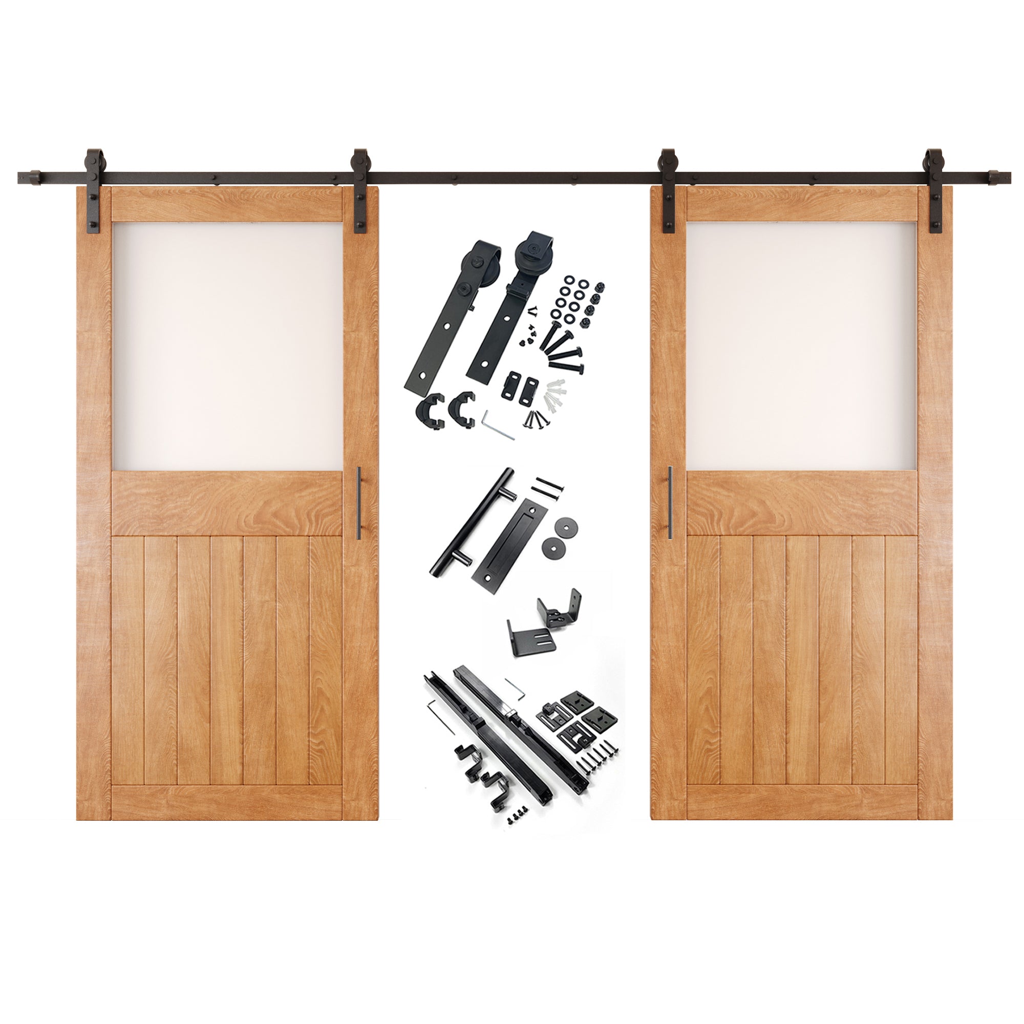 84" Height Early American Half Lite Frosted Glass Double Unassembled & Finished Pine Wood Barn Door with Non-Bypass Installation Hardware Kit (Interior Use Only)