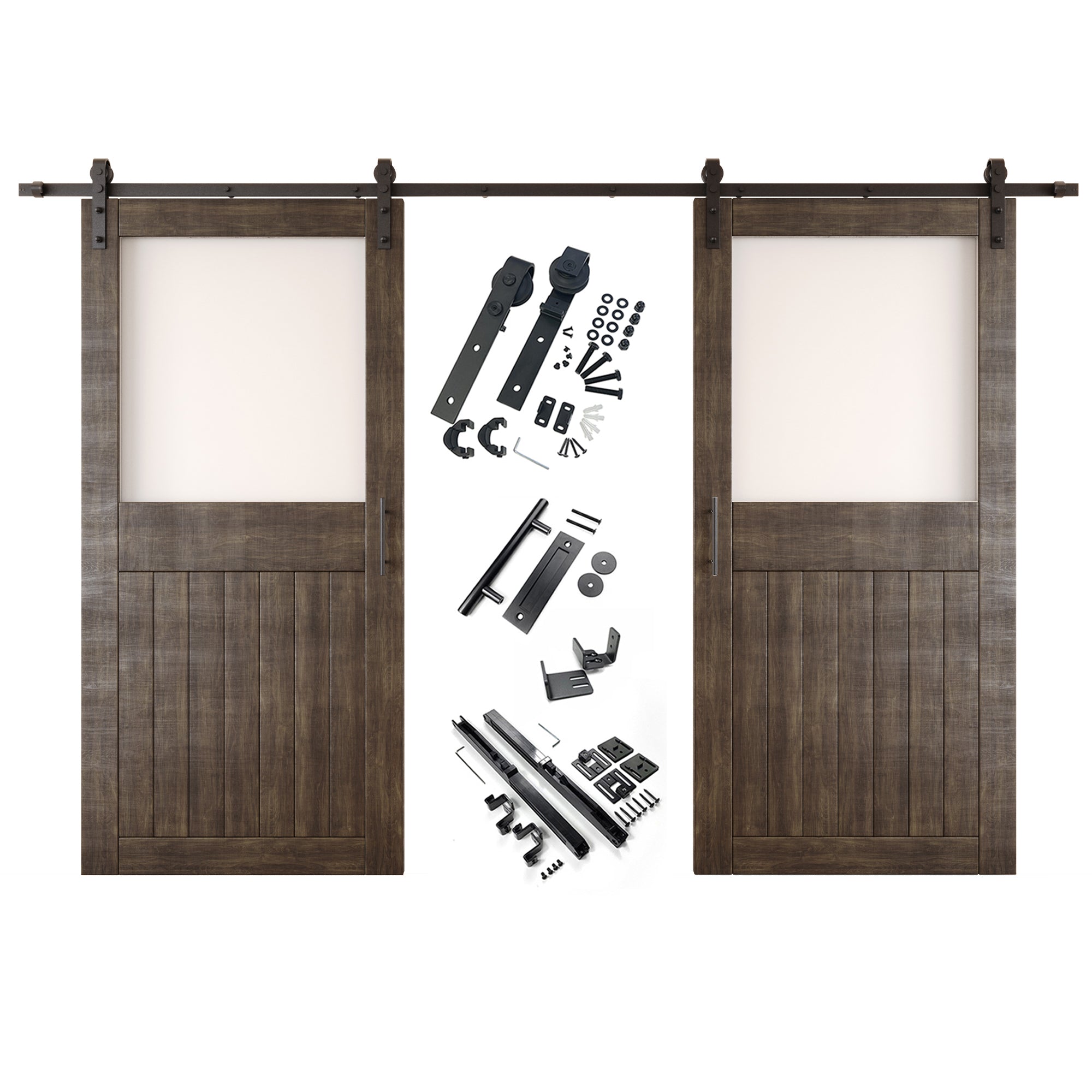 84" Height Ebony Half Lite Frosted Glass Double Unassembled & Finished Pine Wood Barn Door with Non-Bypass Installation Hardware Kit (Interior Use Only)