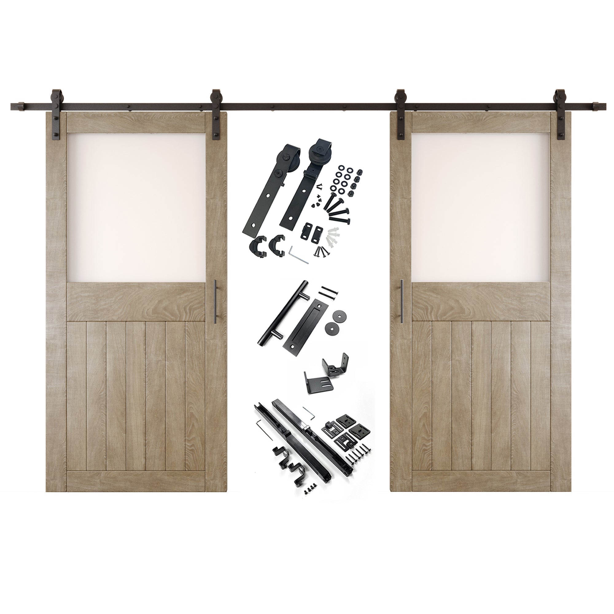 84" Height Classic Gray Half Lite Frosted Glass Double Unassembled & Finished Pine Wood Barn Door with Non-Bypass Installation Hardware Kit (Interior Use Only)