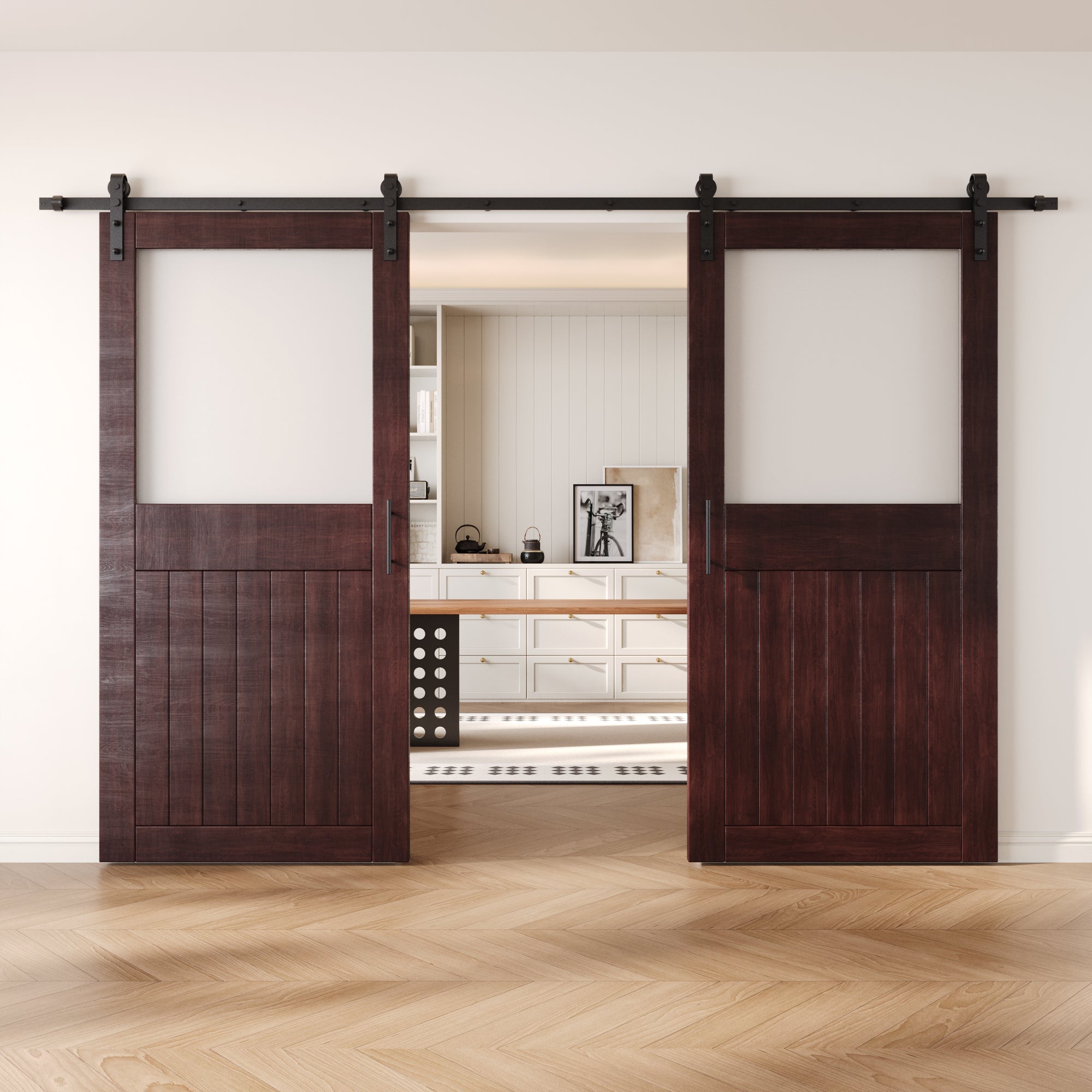 84" Height Red Mahogany Half Lite Frosted Glass Double Unassembled & Finished Pine Wood Barn Door with Non-Bypass Installation Hardware Kit (Interior Use Only)