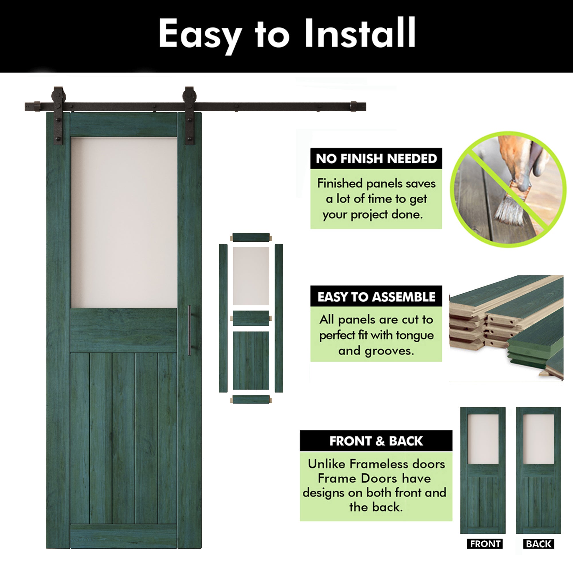 84" Height Royal Pine Half Lite Frosted Glass Double Unassembled & Finished Pine Wood Barn Door with Non-Bypass Installation Hardware Kit (Interior Use Only)