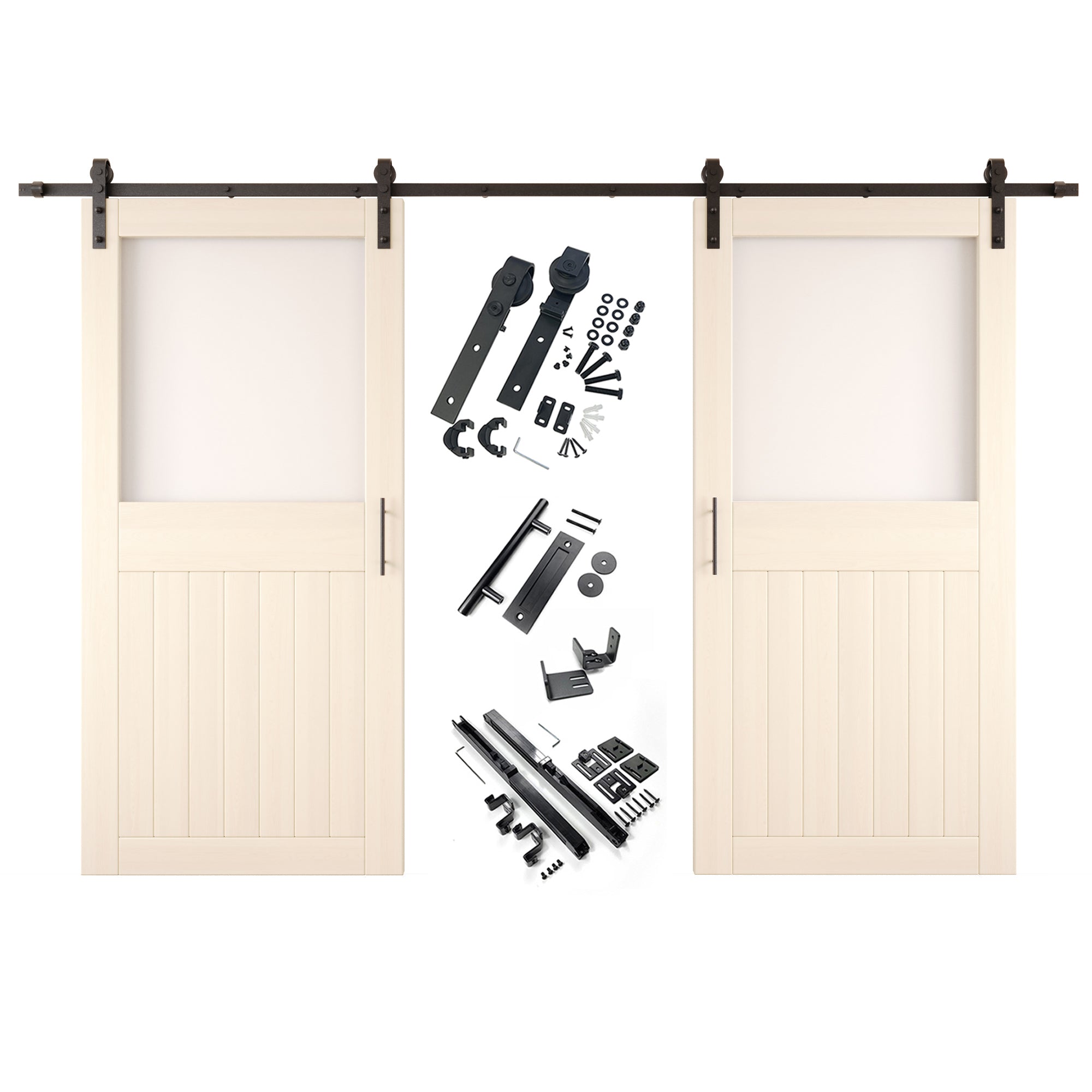 84" Height Tinsmith Gray Half Lite Frosted Glass Double Unassembled & Finished Pine Wood Barn Door with Non-Bypass Installation Hardware Kit (Interior Use Only)