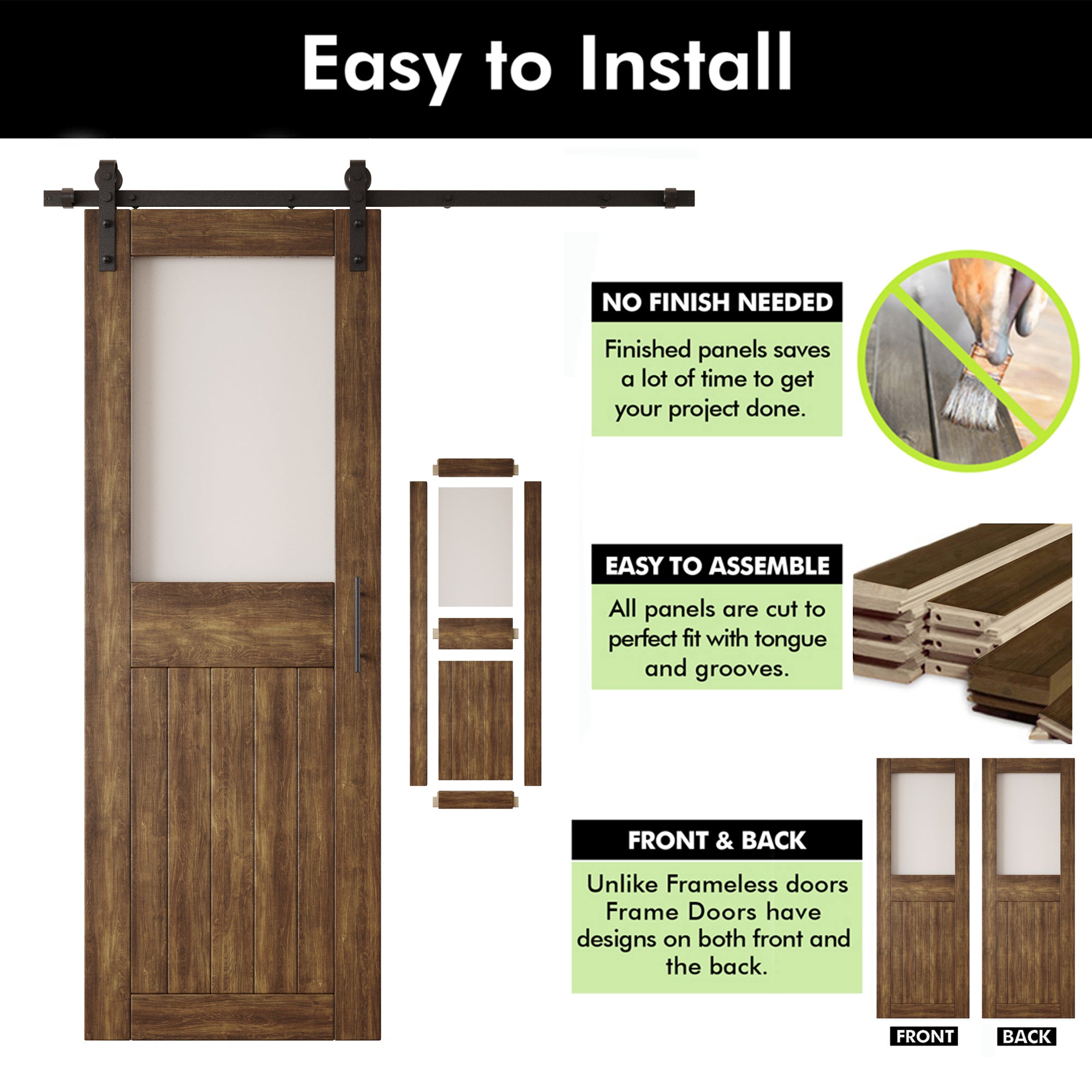 84" Height Dark Walnut Half Lite Frosted Glass Double Unassembled & Finished Pine Wood Barn Door with Non-Bypass Installation Hardware Kit (Interior Use Only)