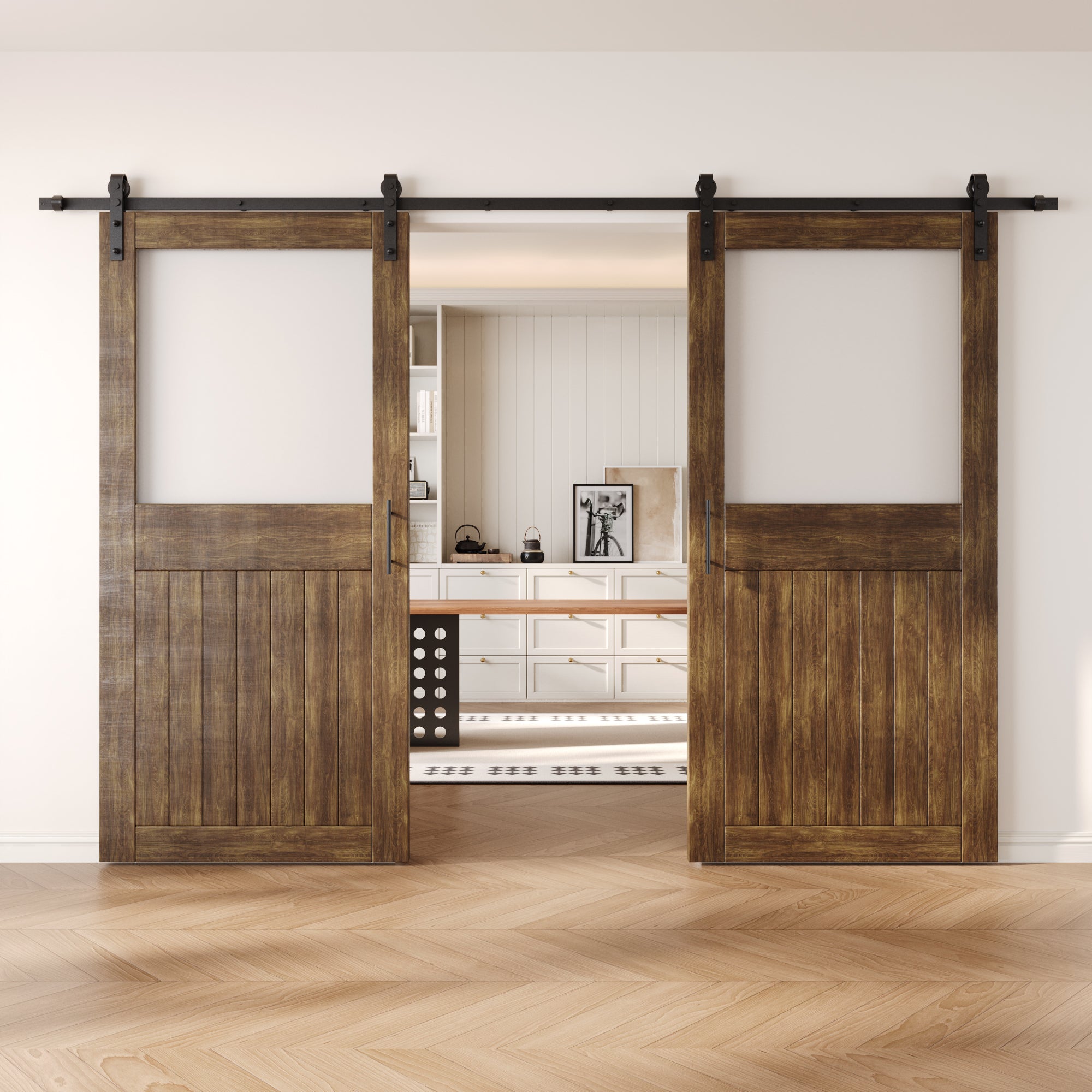 84" Height Dark Walnut Half Lite Frosted Glass Double Unassembled & Finished Pine Wood Barn Door with Non-Bypass Installation Hardware Kit (Interior Use Only)