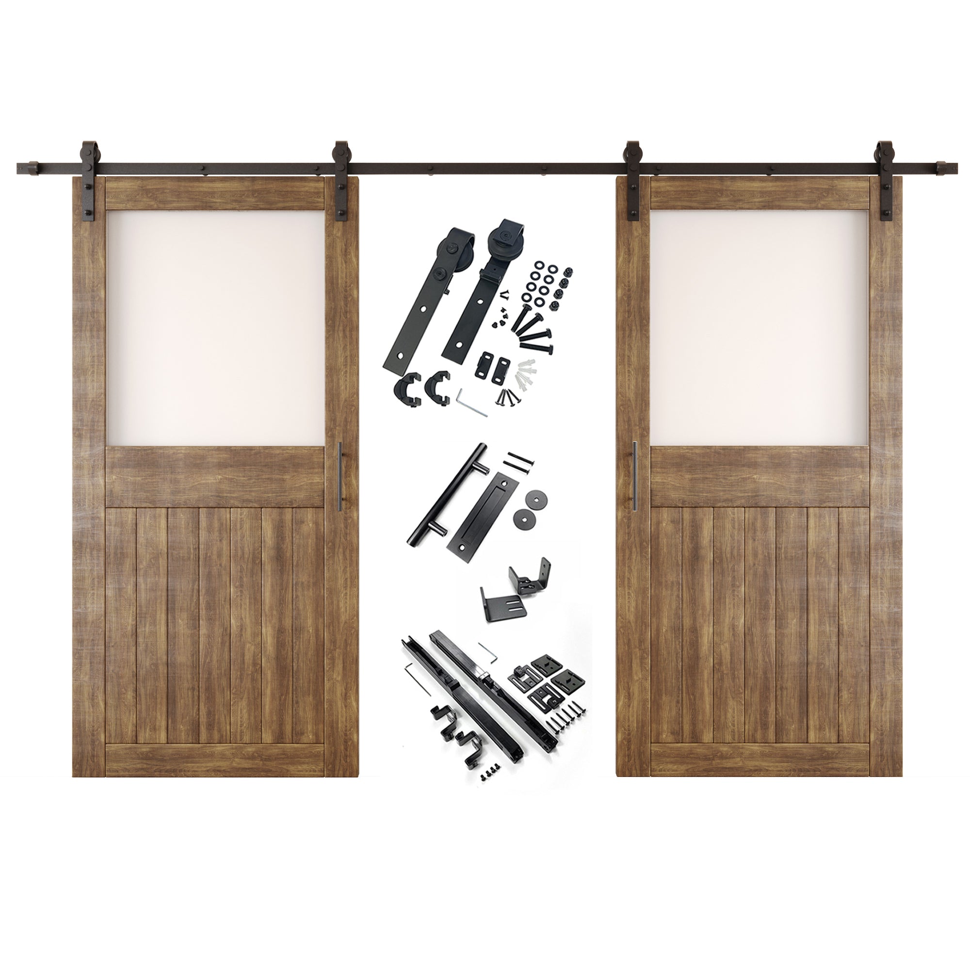 84" Height Dark Walnut Half Lite Frosted Glass Double Unassembled & Finished Pine Wood Barn Door with Non-Bypass Installation Hardware Kit (Interior Use Only)