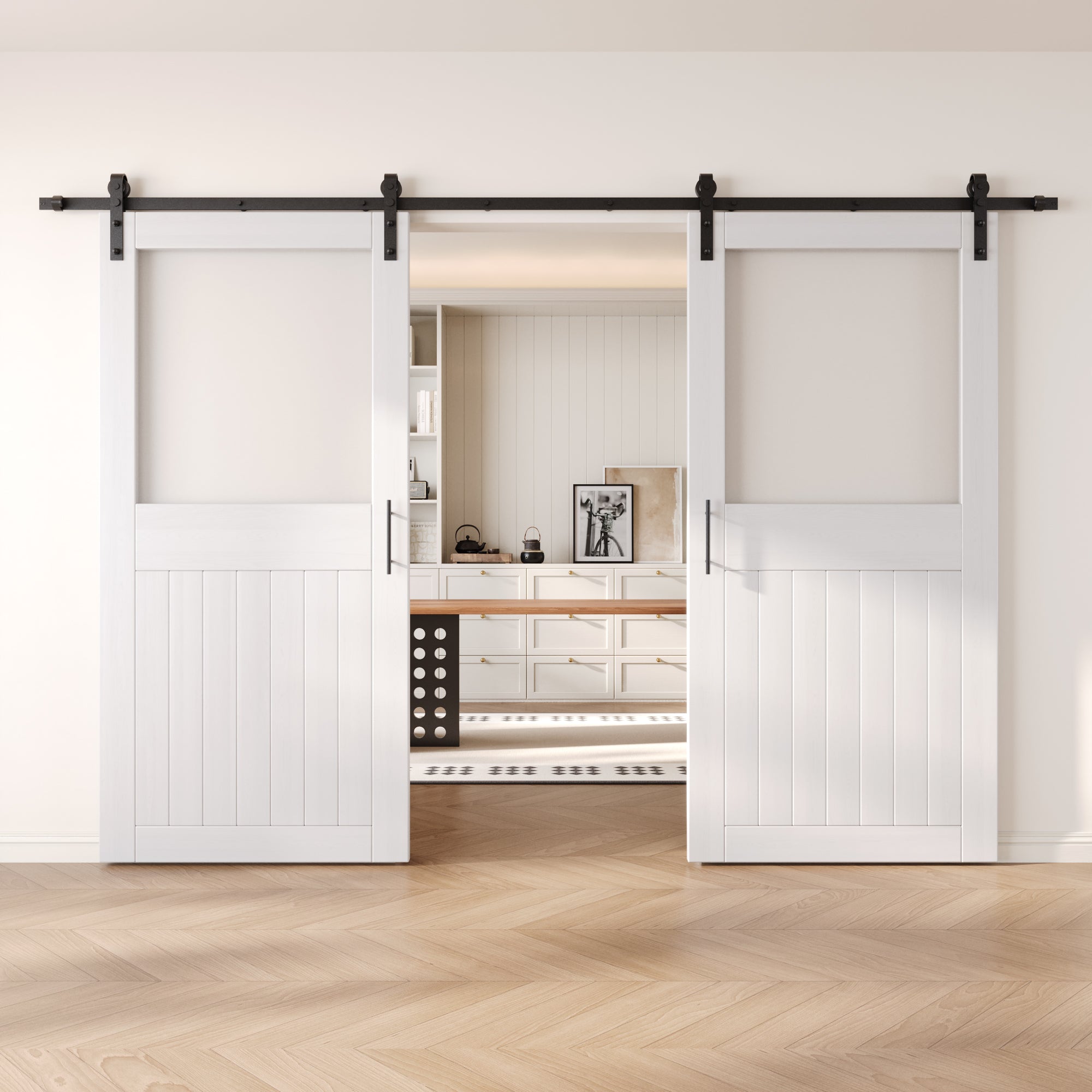 84" Height White Half Lite Frosted Glass Double Unassembled & Finished Pine Wood Barn Door with Non-Bypass Installation Hardware Kit (Interior Use Only)