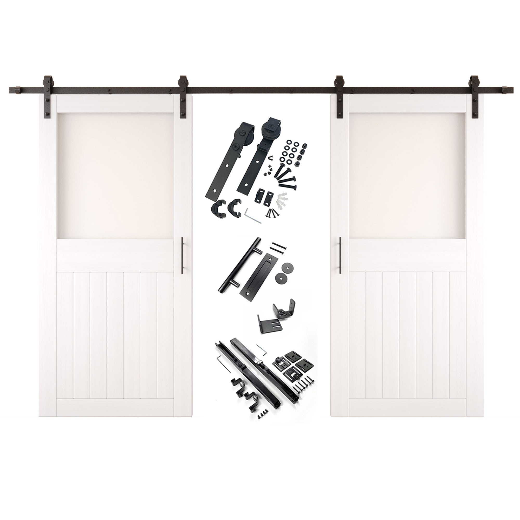 84" Height White Half Lite Frosted Glass Double Unassembled & Finished Pine Wood Barn Door with Non-Bypass Installation Hardware Kit (Interior Use Only)