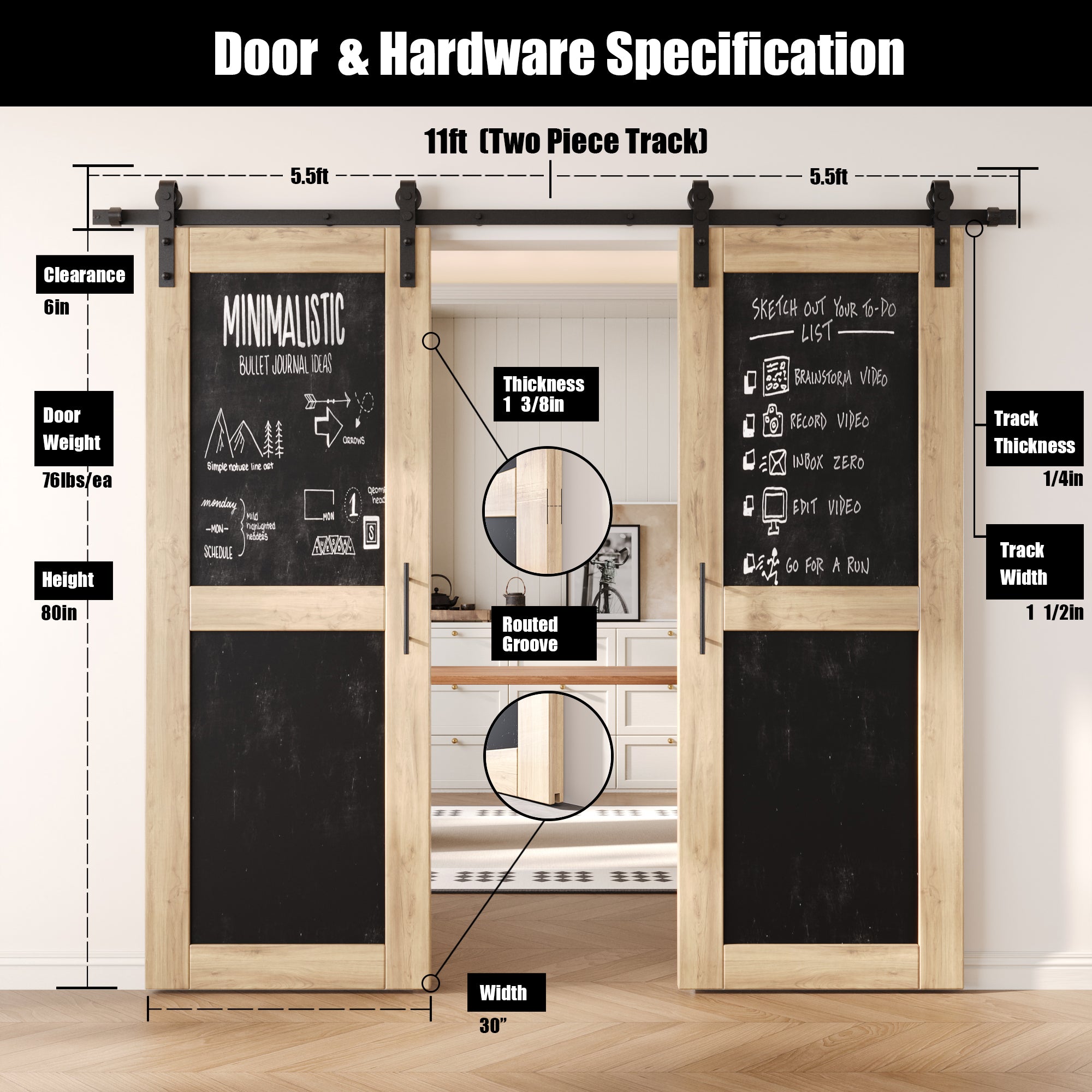 80" Height Chalkboard Design Double Unassembled & Unfinished Pine Wood Barn Doors with Non-Bypass Installation Hardware Kit (Interior Use Only)