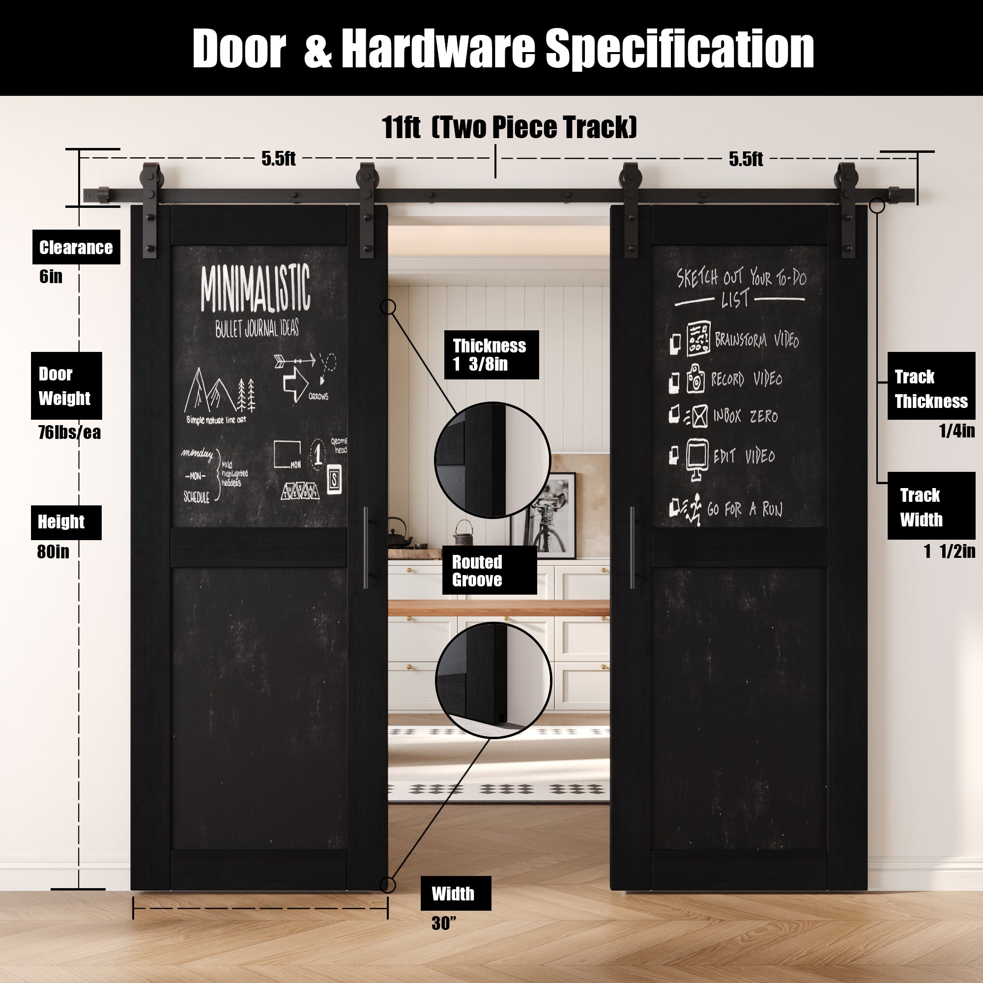 80" Height Black Chalkboard Design Double Unassembled & Finished Pine Wood Barn Doors with Non-Bypass Installation Hardware Kit (Interior Use Only)