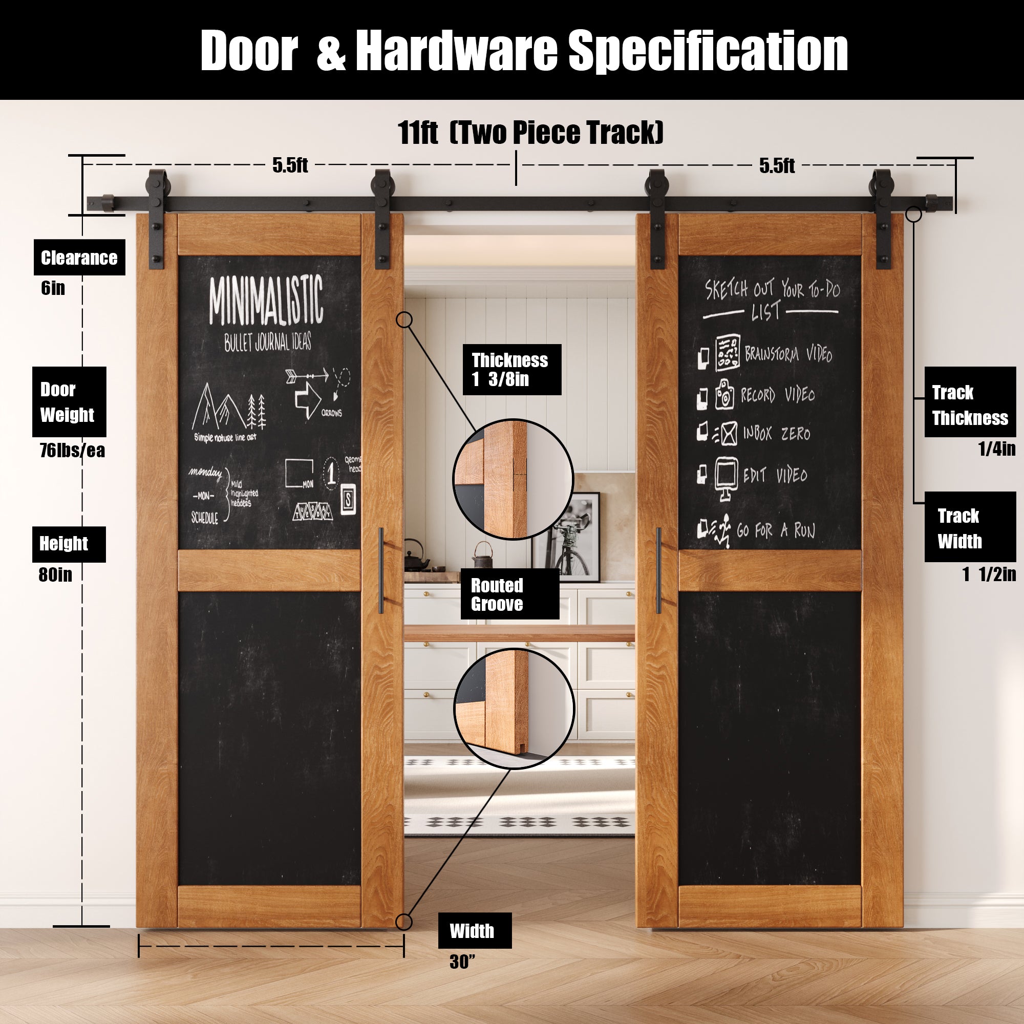 80" Height Early American Chalkboard Design Double Unassembled & Finished Pine Wood Barn Doors with Non-Bypass Installation Hardware Kit (Interior Use Only)