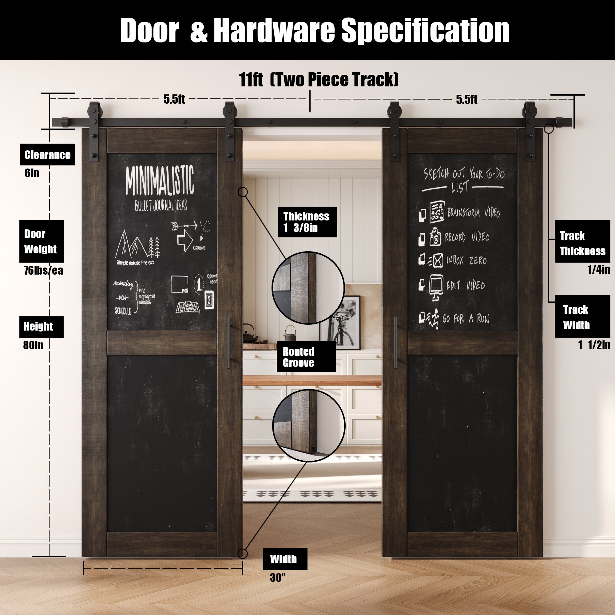80" Height Ebony Chalkboard Design Double Unassembled & Finished Pine Wood Barn Doors with Non-Bypass Installation Hardware Kit (Interior Use Only)
