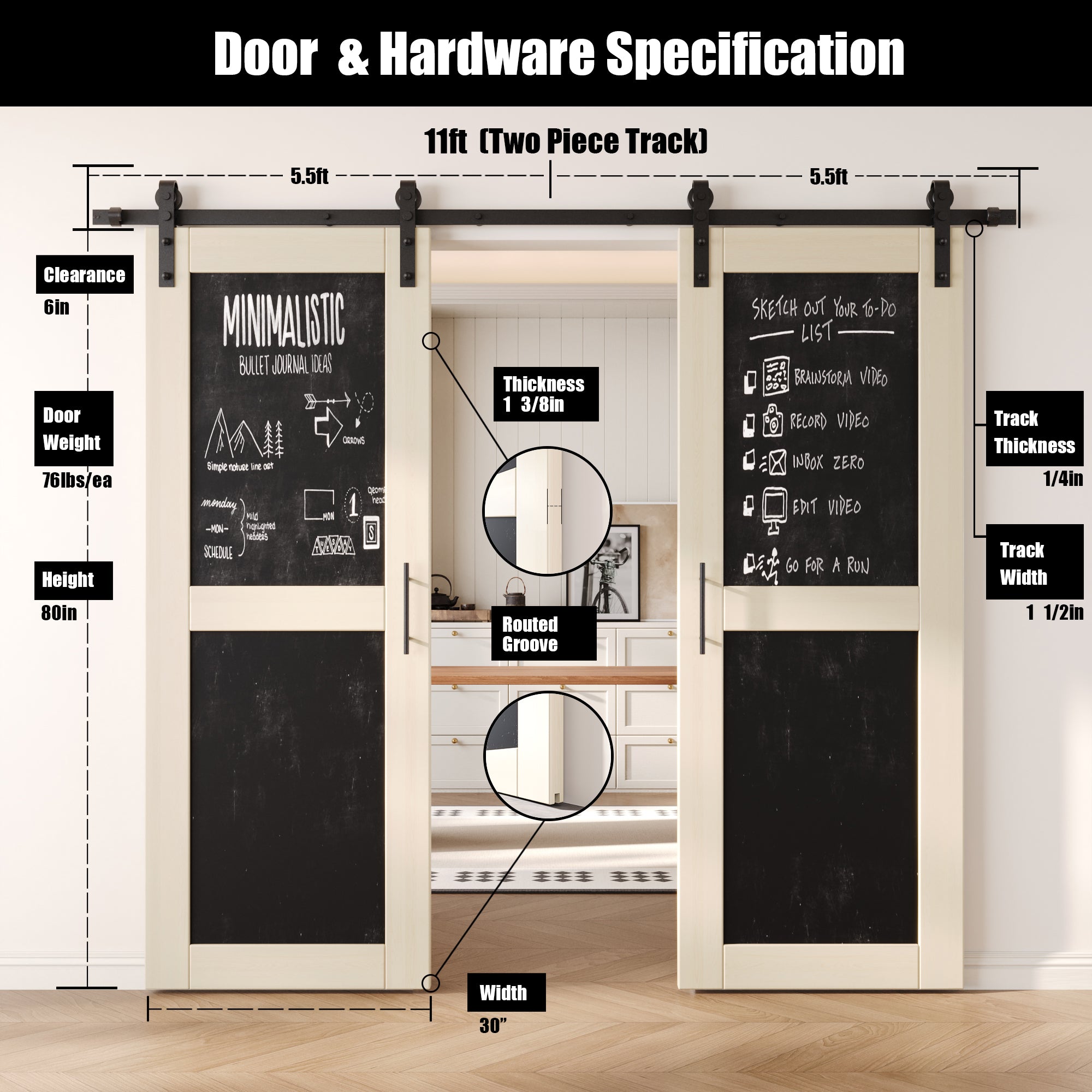 80" Height Tinsmith Gray Chalkboard Design Double Unassembled & Finished Pine Wood Barn Doors with Non-Bypass Installation Hardware Kit (Interior Use Only)
