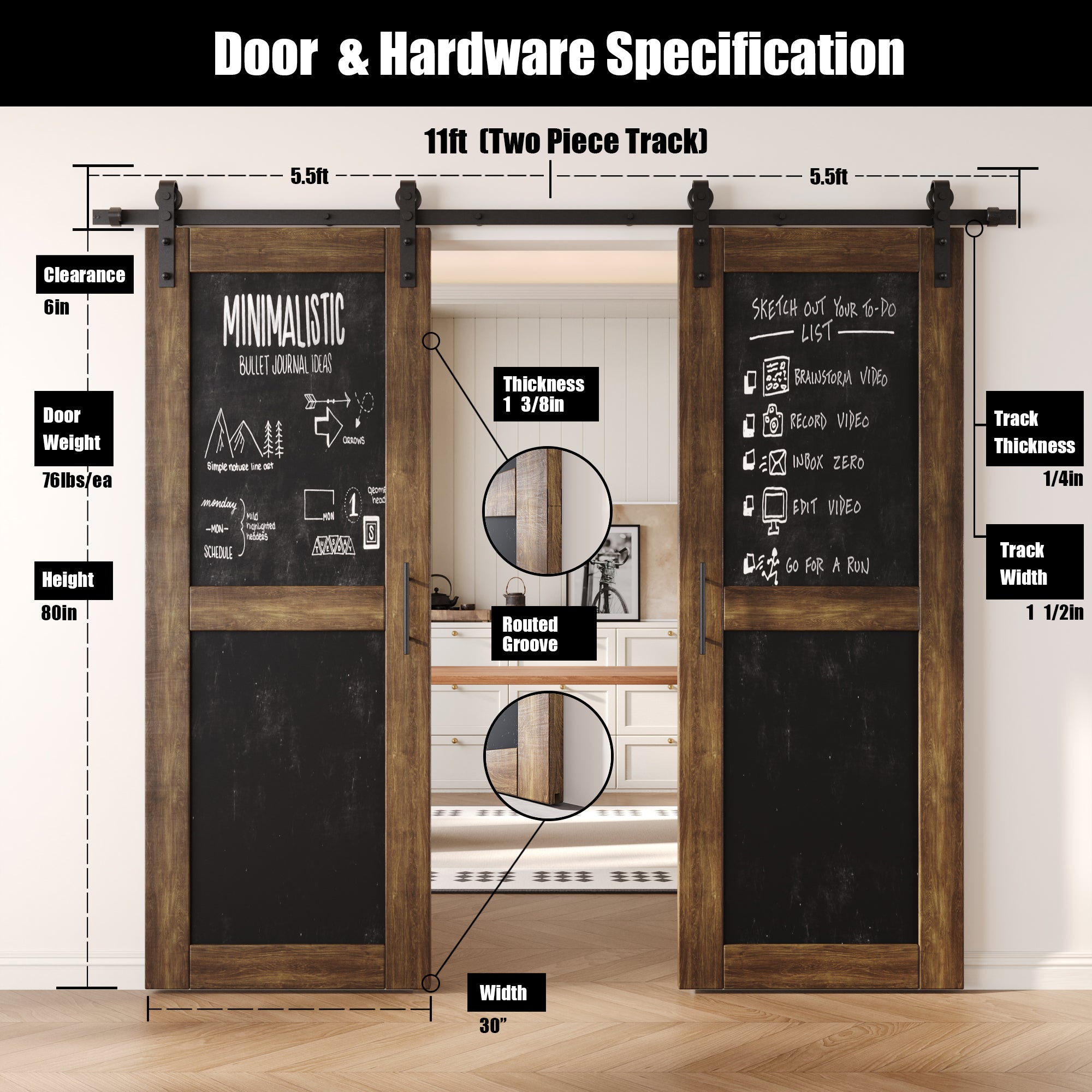 80" Height Dark Walnut Chalkboard Design Double Unassembled & Finished Pine Wood Barn Doors with Non-Bypass Installation Hardware Kit (Interior Use Only)