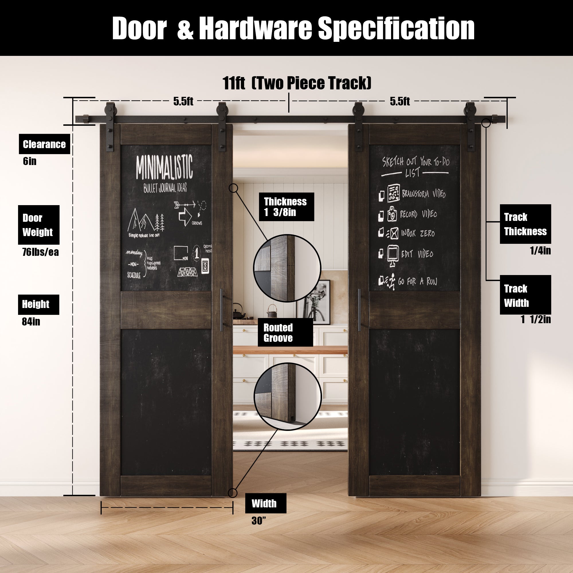 84" Height Ebony Chalkboard Design Double Unassembled & Finished Pine Wood Barn Doors with Non-Bypass Installation Hardware Kit (Interior Use Only)