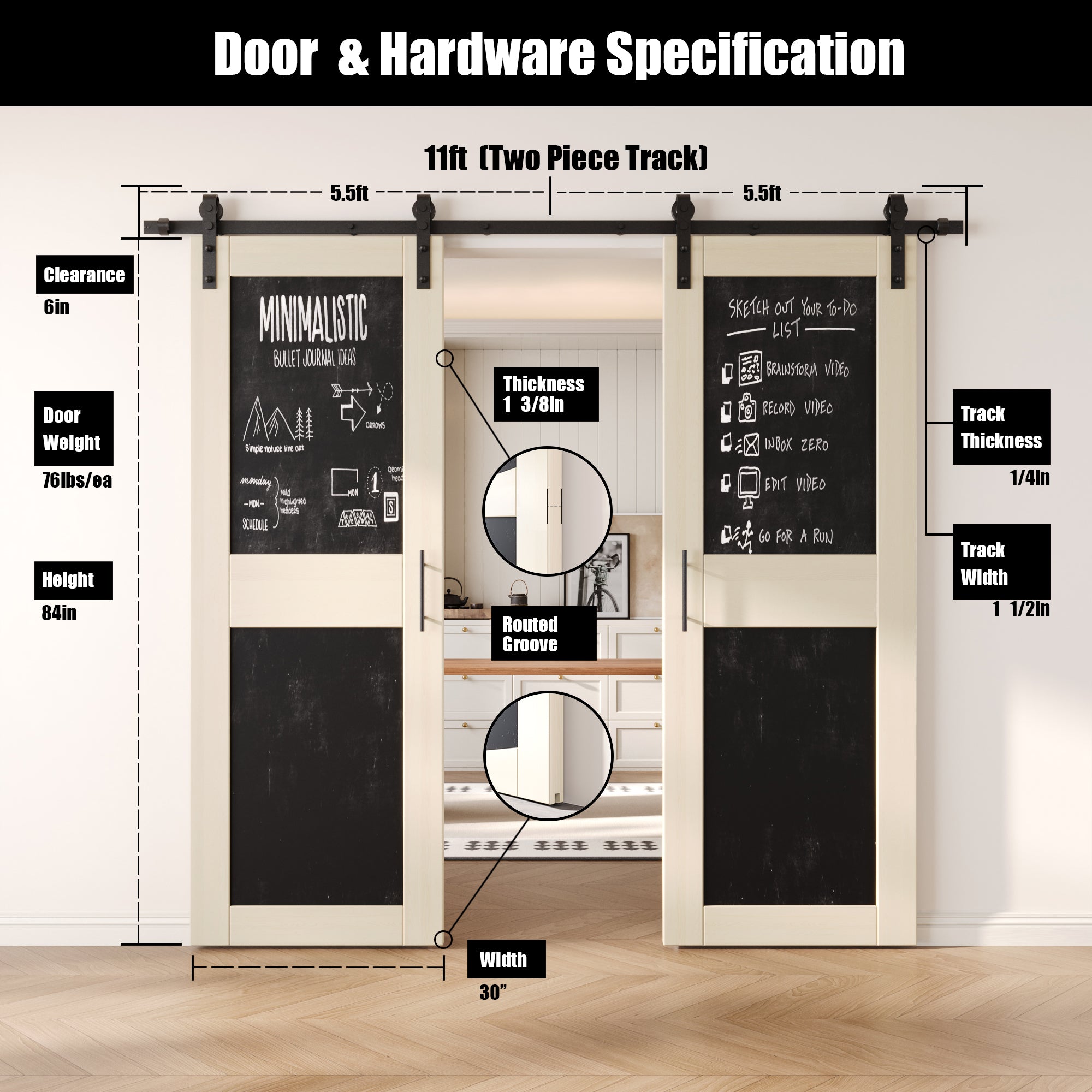 84" Height Tinsmith Gray Chalkboard Design Double Unassembled & Finished Pine Wood Barn Doors with Non-Bypass Installation Hardware Kit (Interior Use Only)