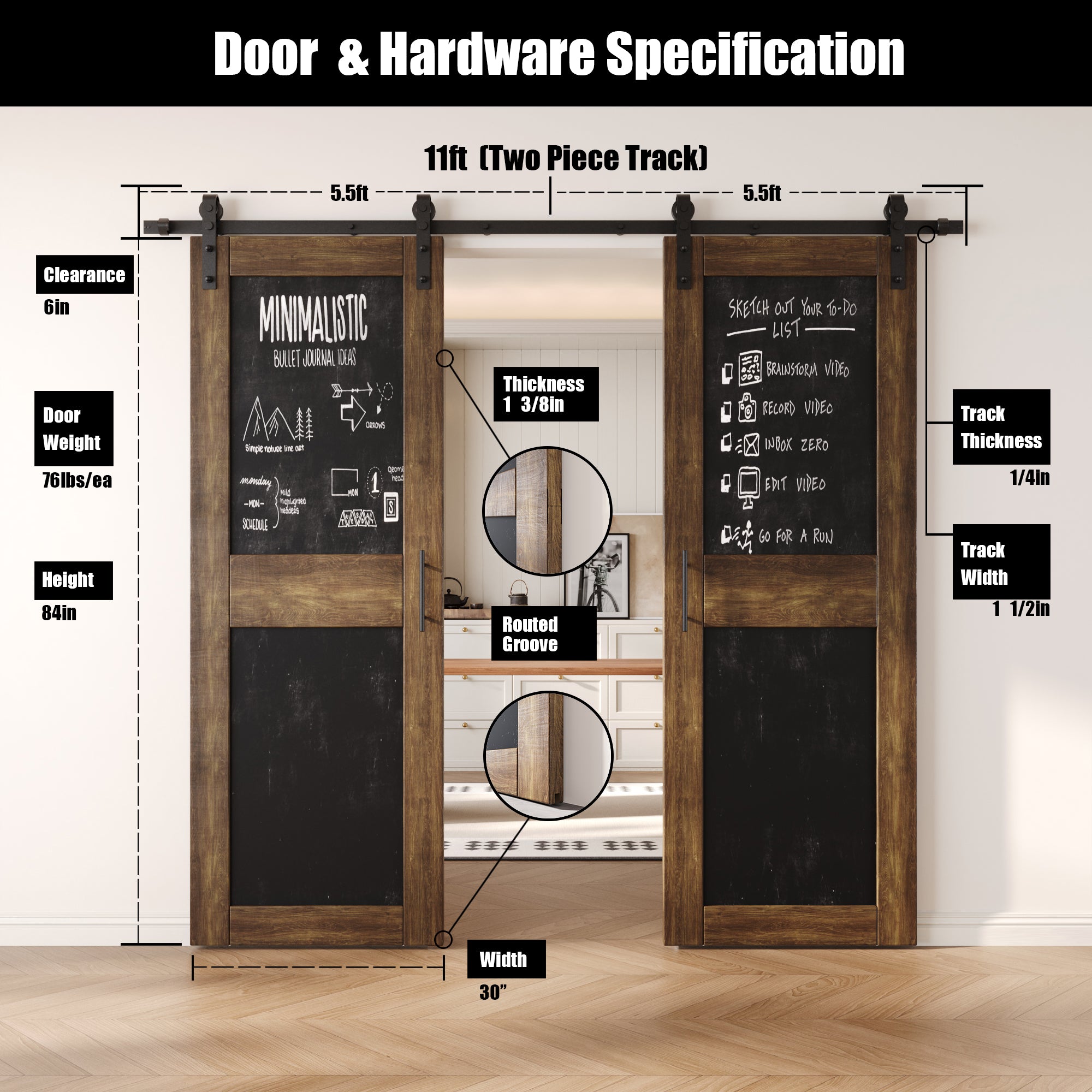84" Height Dark Walnut Chalkboard Design Double Unassembled & Finished Pine Wood Barn Doors with Non-Bypass Installation Hardware Kit (Interior Use Only)