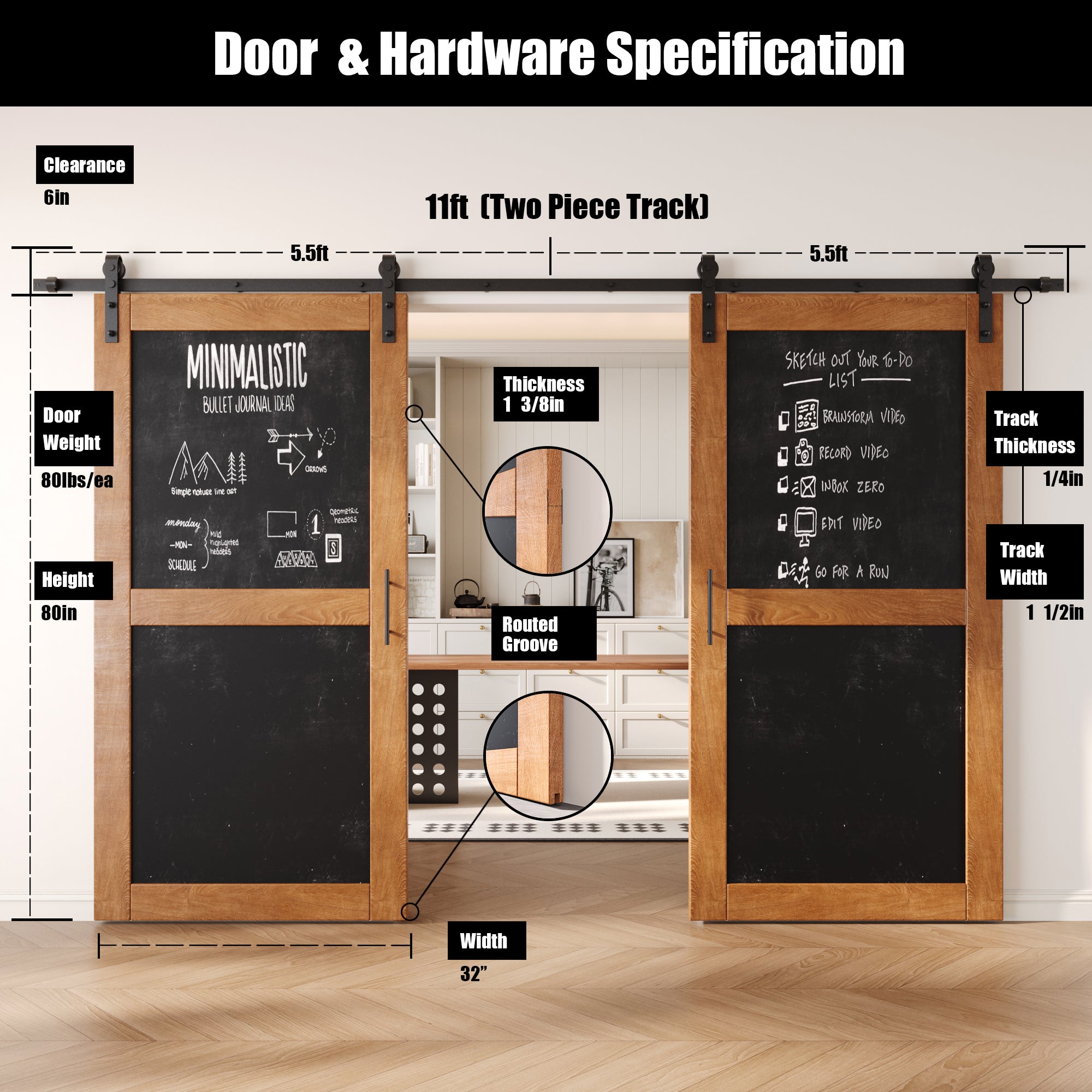 80" Height Early American Chalkboard Design Double Unassembled & Finished Pine Wood Barn Doors with Non-Bypass Installation Hardware Kit (Interior Use Only)