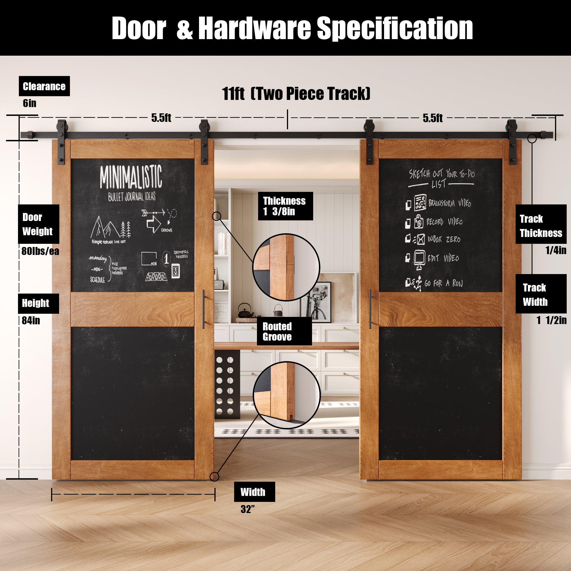 84" Height Early American Chalkboard Design Double Unassembled & Finished Pine Wood Barn Doors with Non-Bypass Installation Hardware Kit (Interior Use Only)